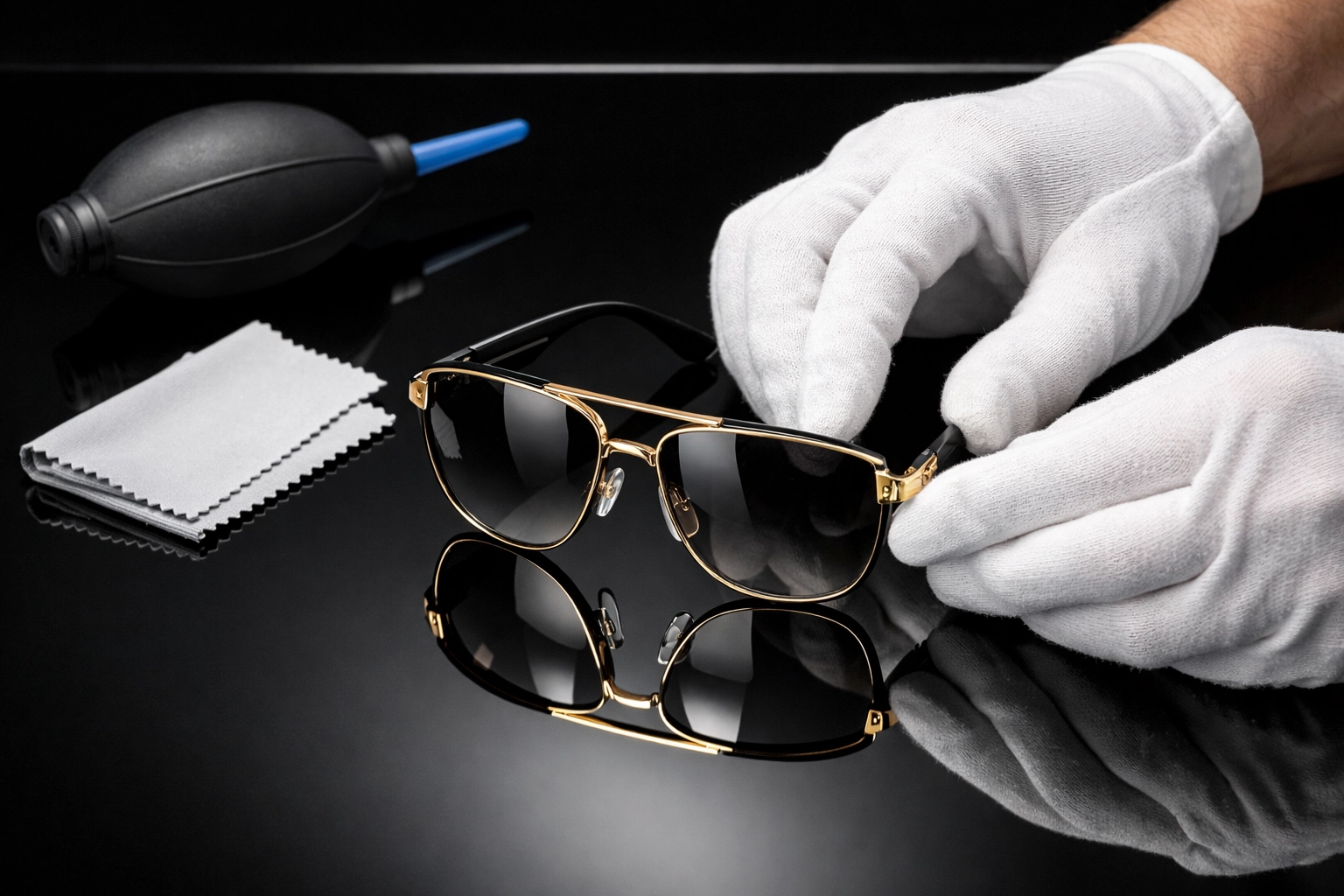 Commercial photographer in Miami preparing a product shoot for high-end designer sunglasses.