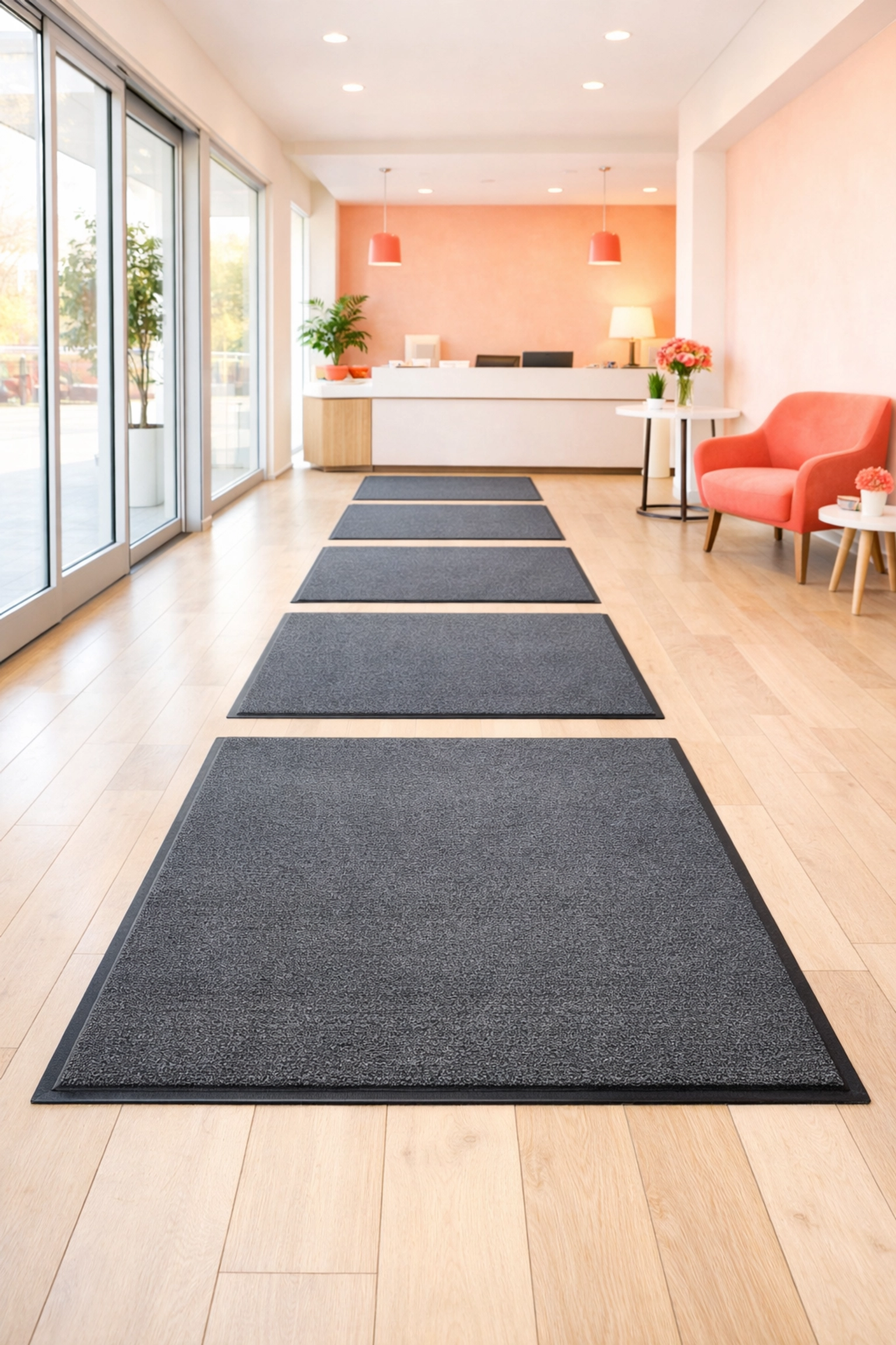 Professional multi-layered entry mats protecting office floors from winter slush in Waterloo.