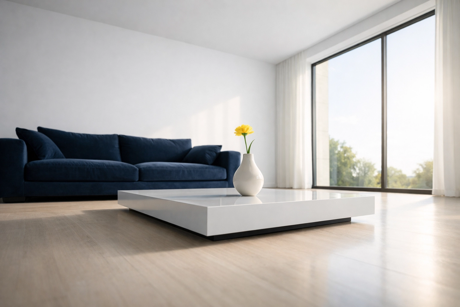 Luxury minimalist living room with a navy sofa and clean windows after a professional apartment cleaning.