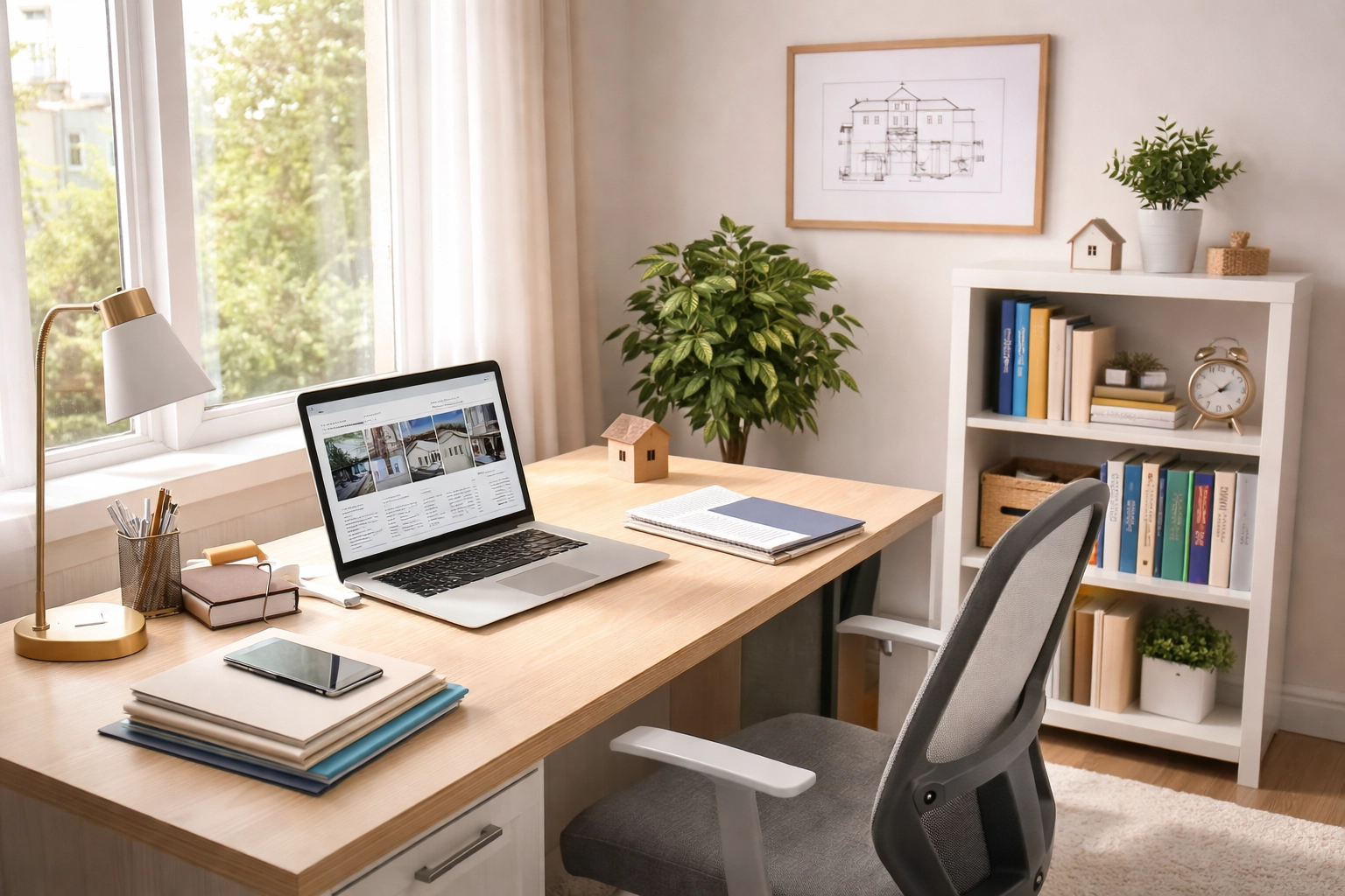 Bright home office tailored for a real estate agent, ideal for maximizing 2026 tax deductions and home office write-offs.