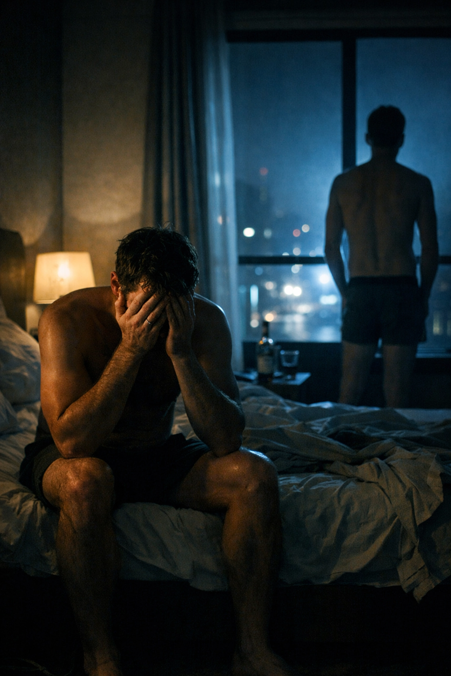 A gay couple experiencing heartbreak and emotional distance in a dark bedroom due to addiction.
