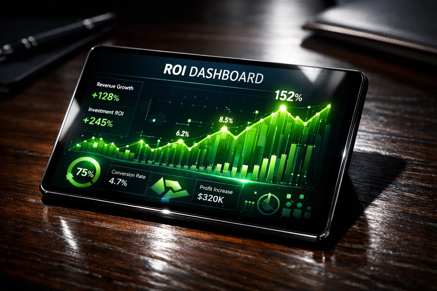 Marketing ROI dashboard on a tablet showing positive growth from a Super Bowl campaign.
