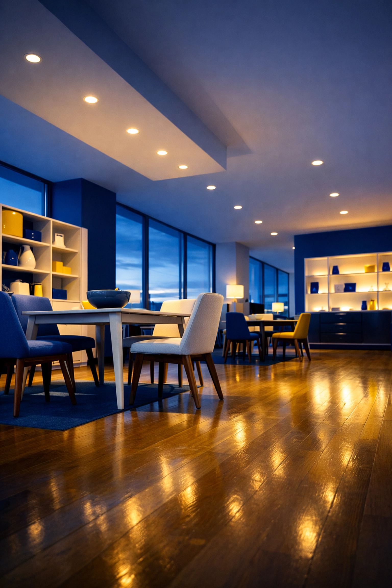 Immaculate furniture showroom with glowing hardwood floors after after-hours commercial cleaning in Chelsea.