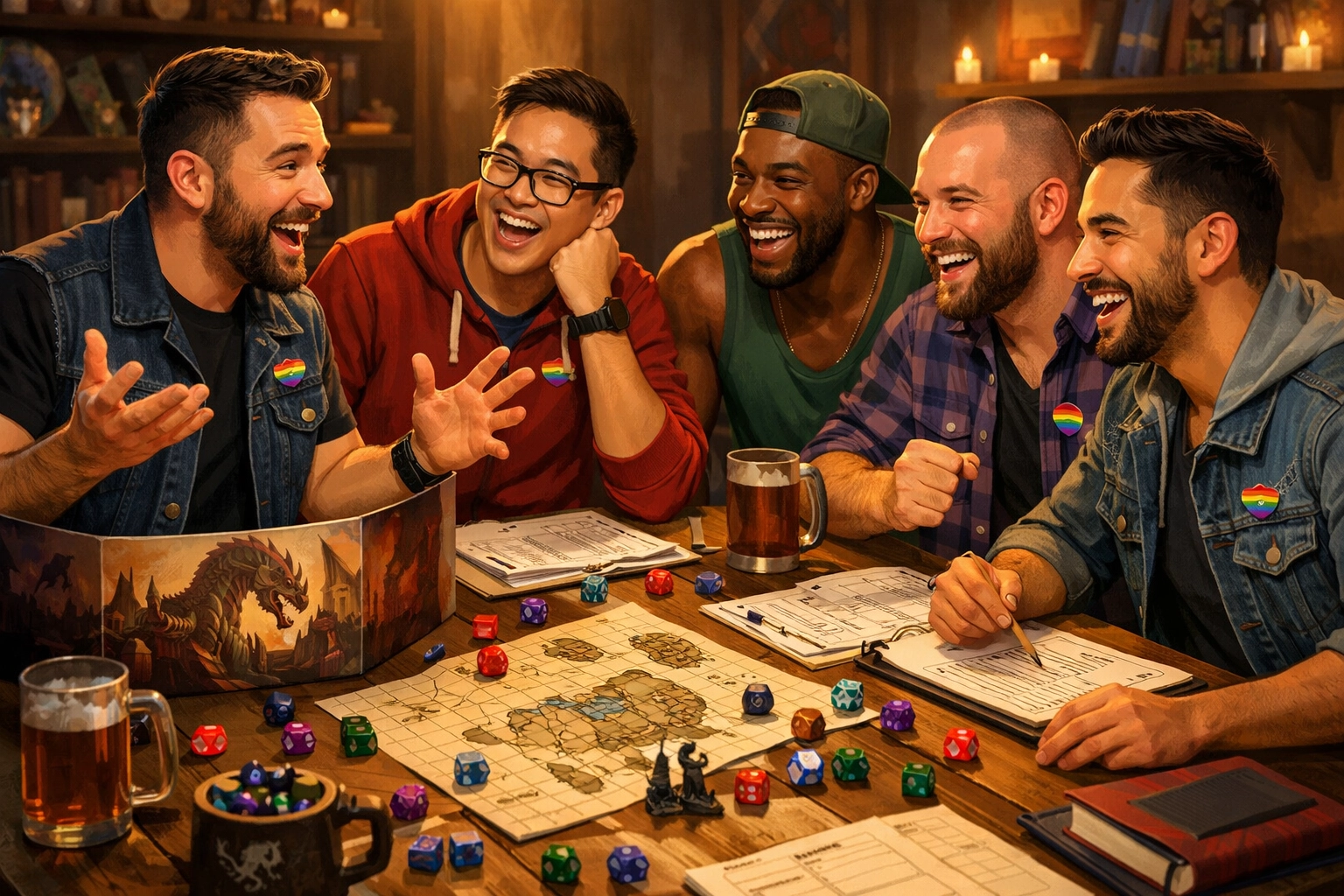 Gay and bisexual men playing a tabletop game together, finding community through queer geek culture.