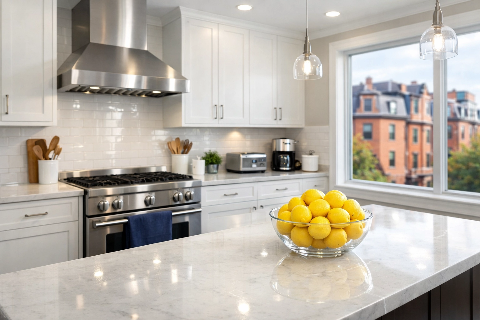 Sparkling clean kitchen with marble counters, part of professional apartment cleaning in Boston.
