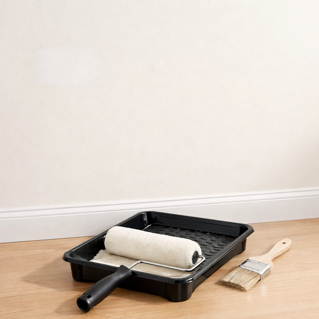 Freshly painted apartment walls with professional painting supplies for make ready cleaning