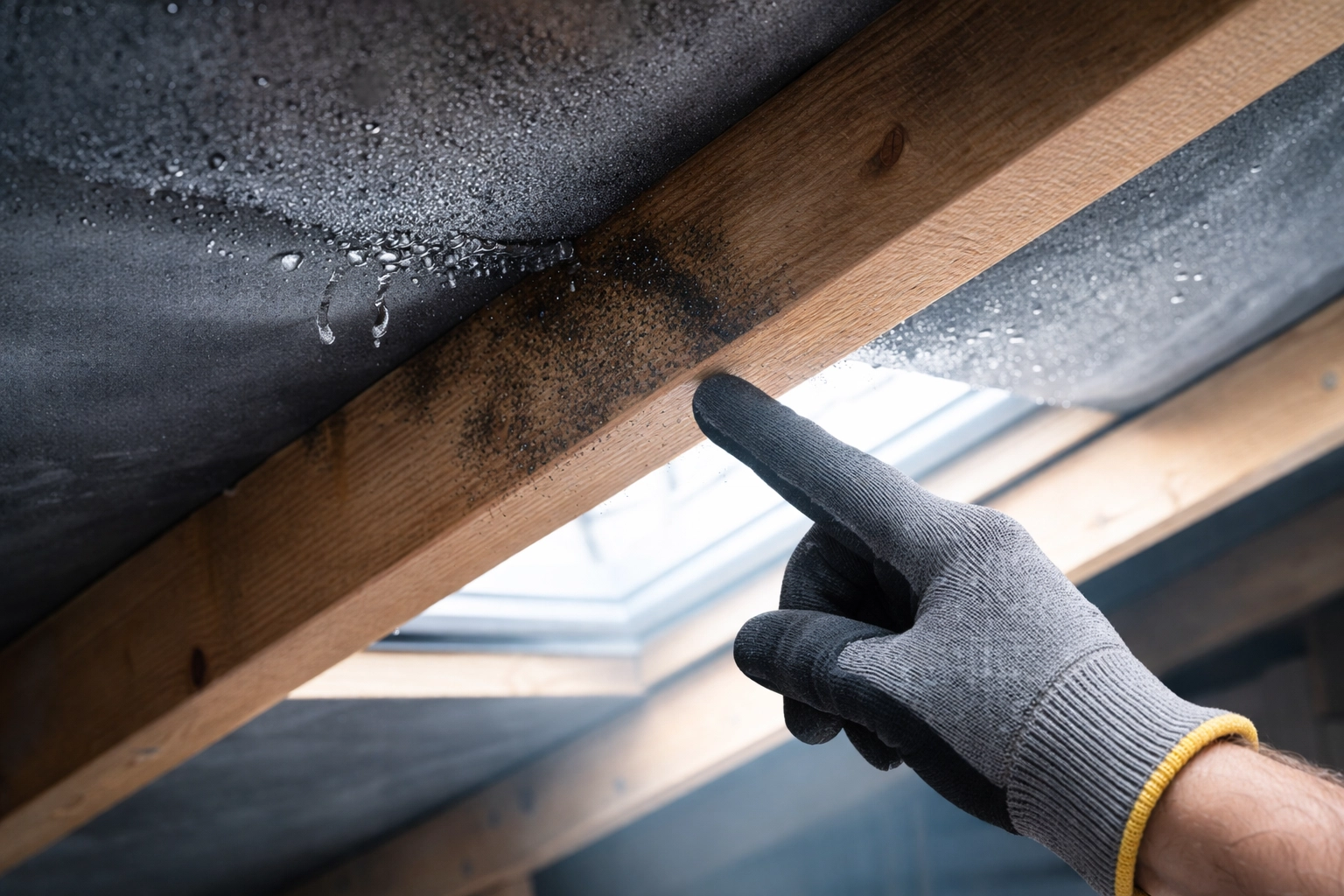 Close-up of a gloved hand pointing at condensation damage and timber staining in an attic, highlighting roof ventilation issues.