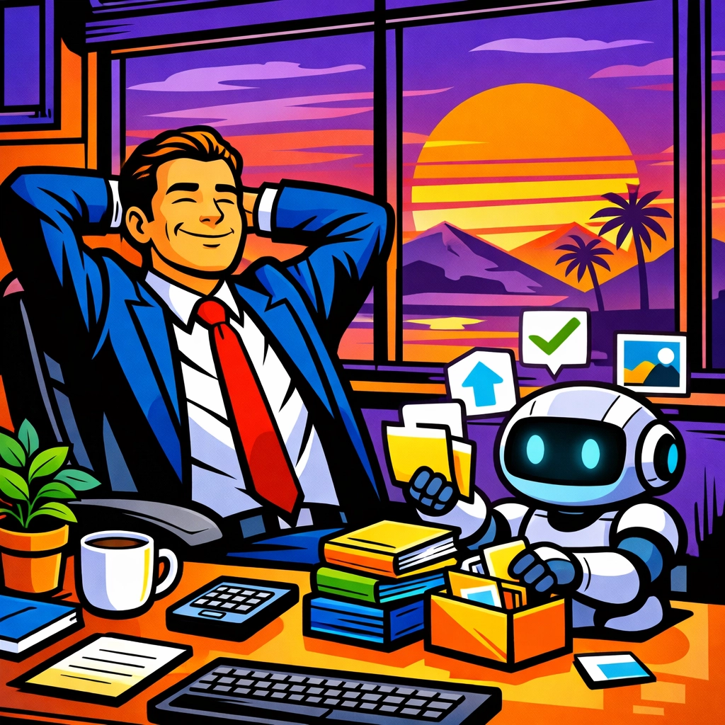 Relaxed business owner using automation to manage tasks with an AI virtual assistant for business.