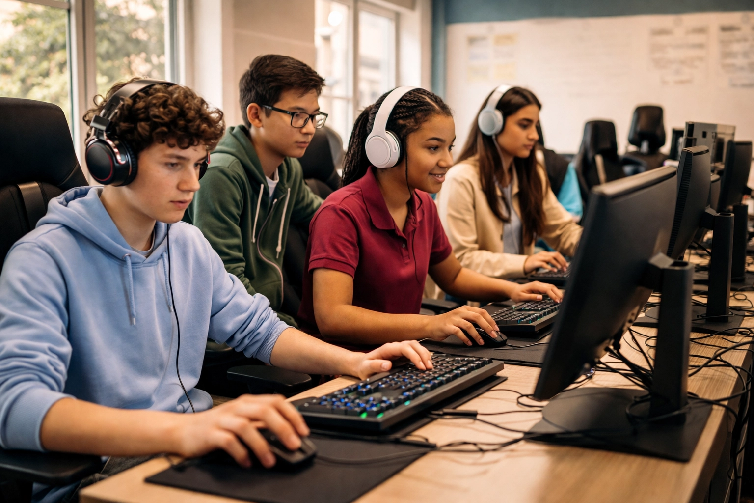 High school students collaborate in an educational esports lab with advanced gaming equipment