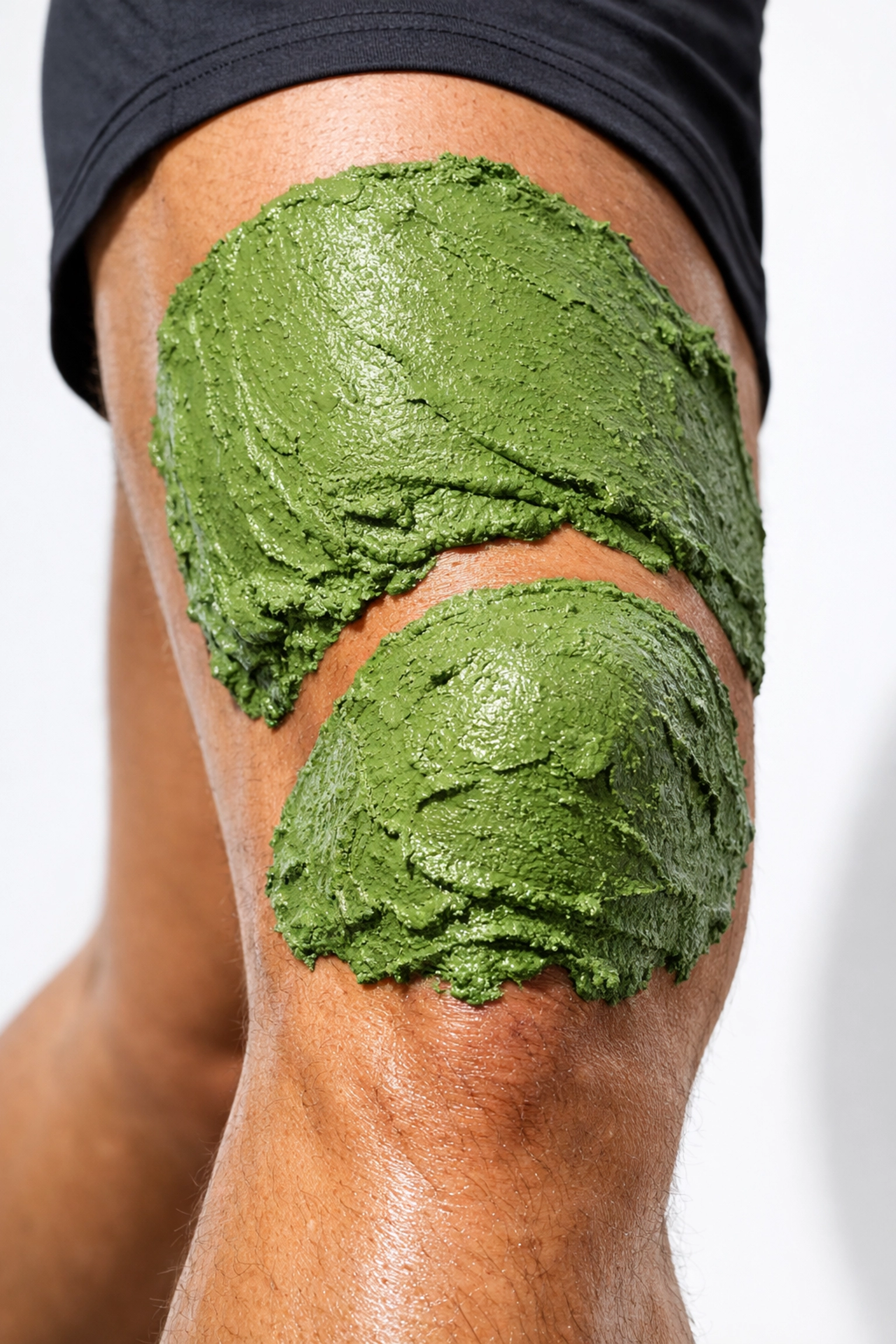 French healing clay applied to athlete's leg for best recovery tools and muscle repair