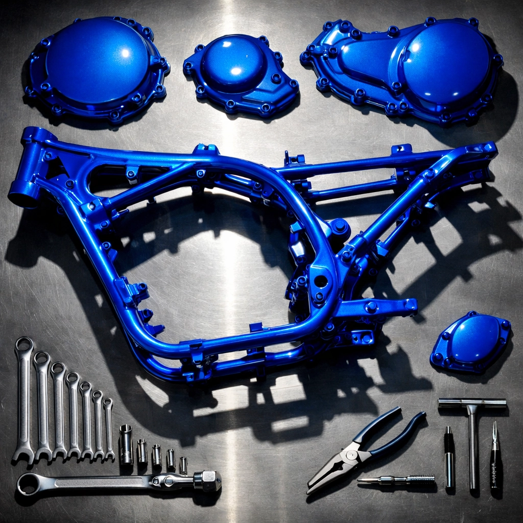 Blue powder coated motorcycle frame and engine covers on workbench