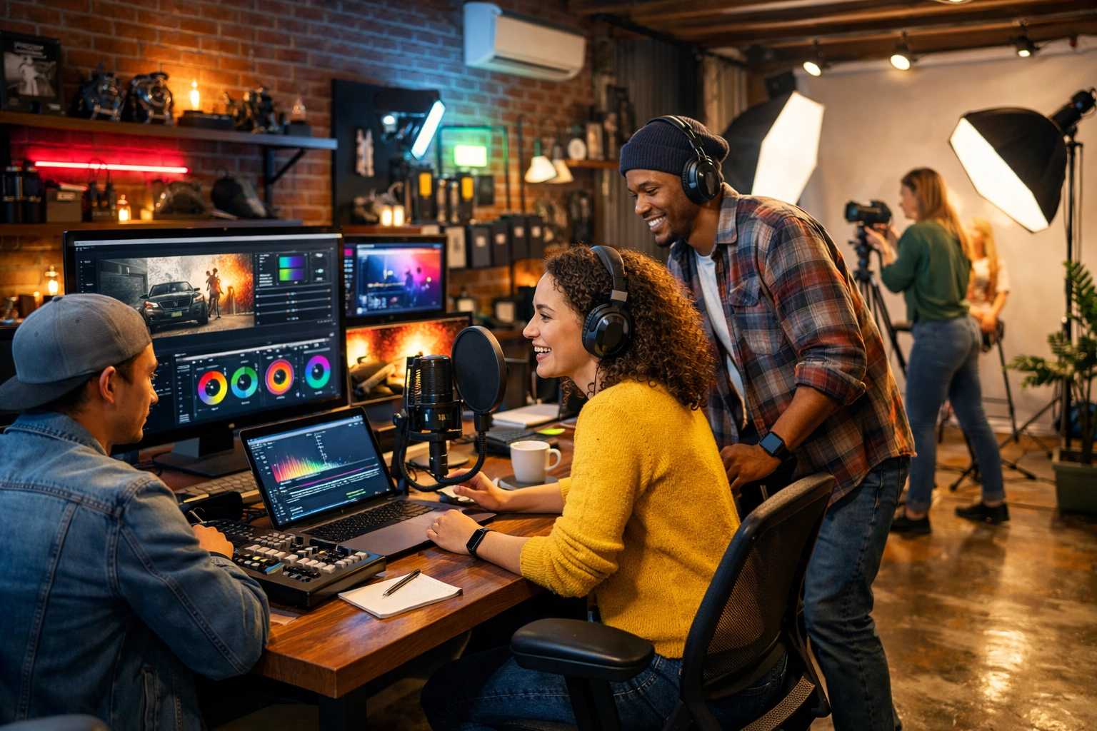 Content creation pod workspace with video editing, podcast recording, and photography stations