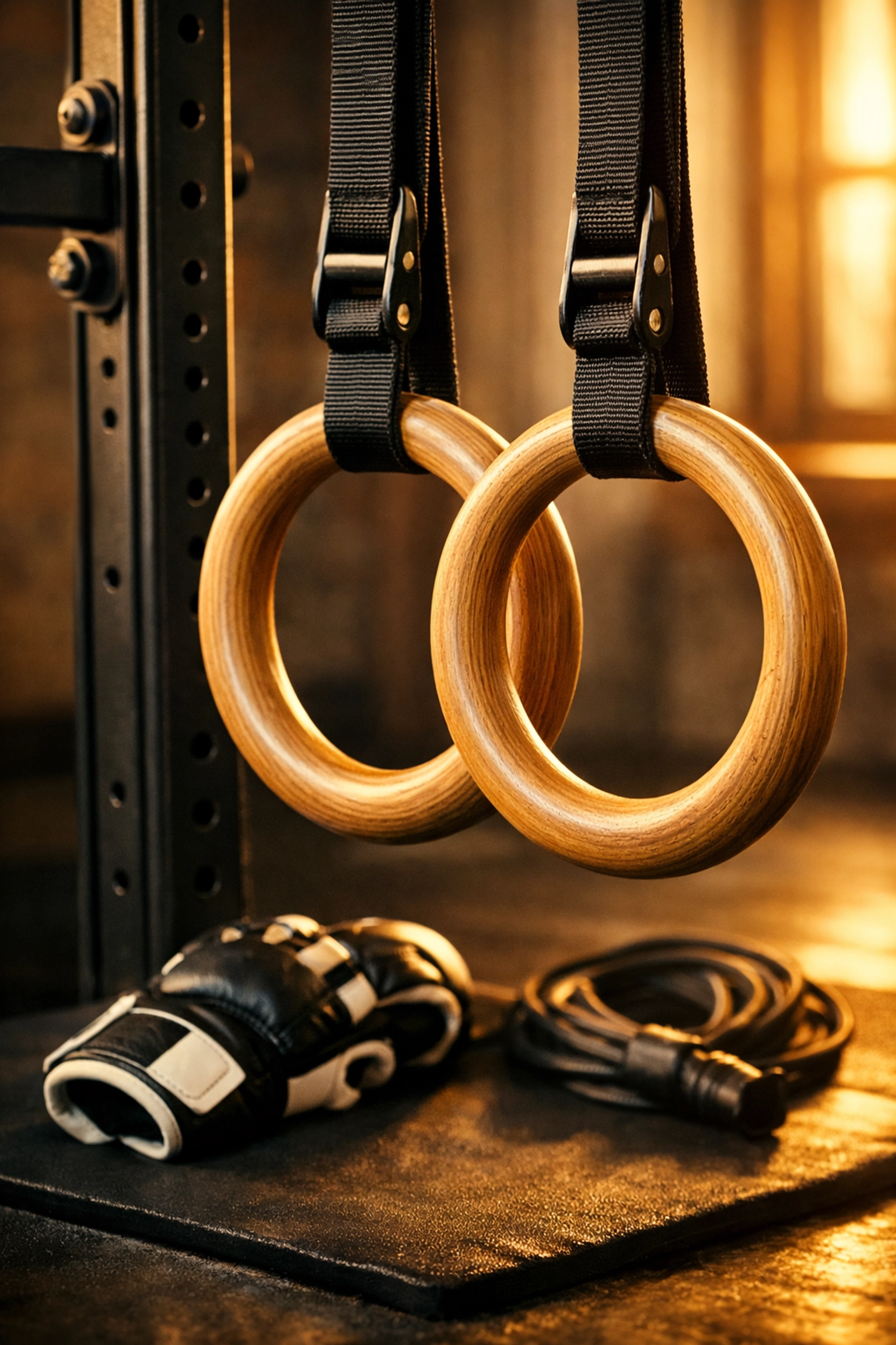 Calisthenics equipment for home including gymnastics rings and resistance training gear for MMA.