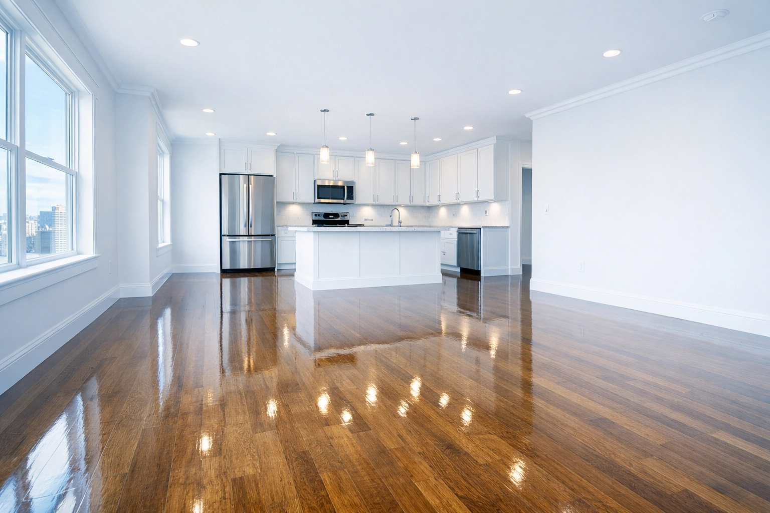 Bright empty Worcester apartment interior featuring clean floors after move-out cleaning Worcester MA.