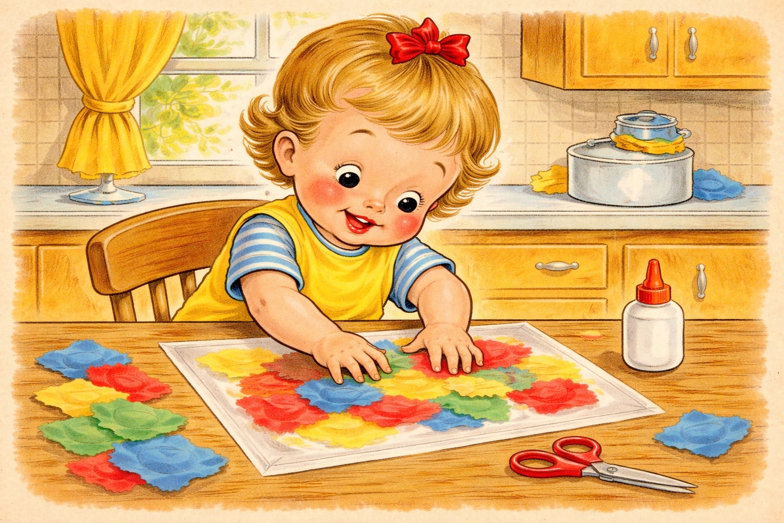 A small child at a kitchen table presses colorful tissue paper pieces onto contact paper, making a suncatcher craft project.