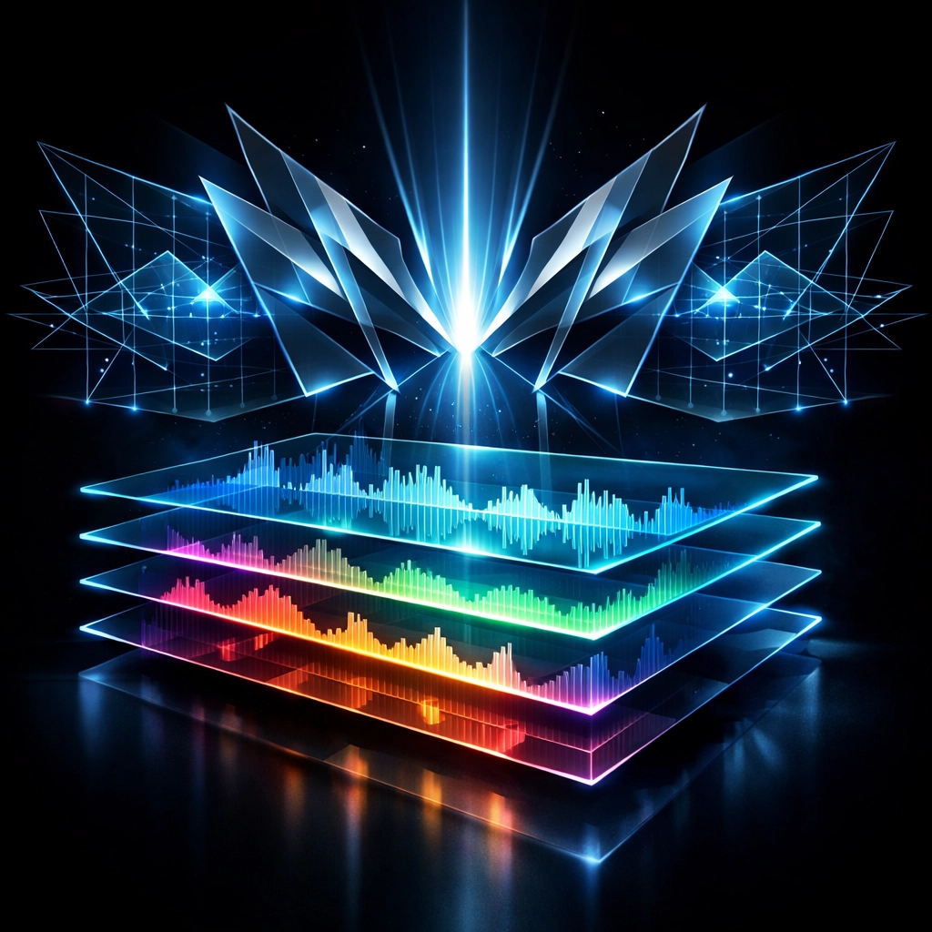 Audio mastering process showing frequency spectrum layers and stereo field visualization