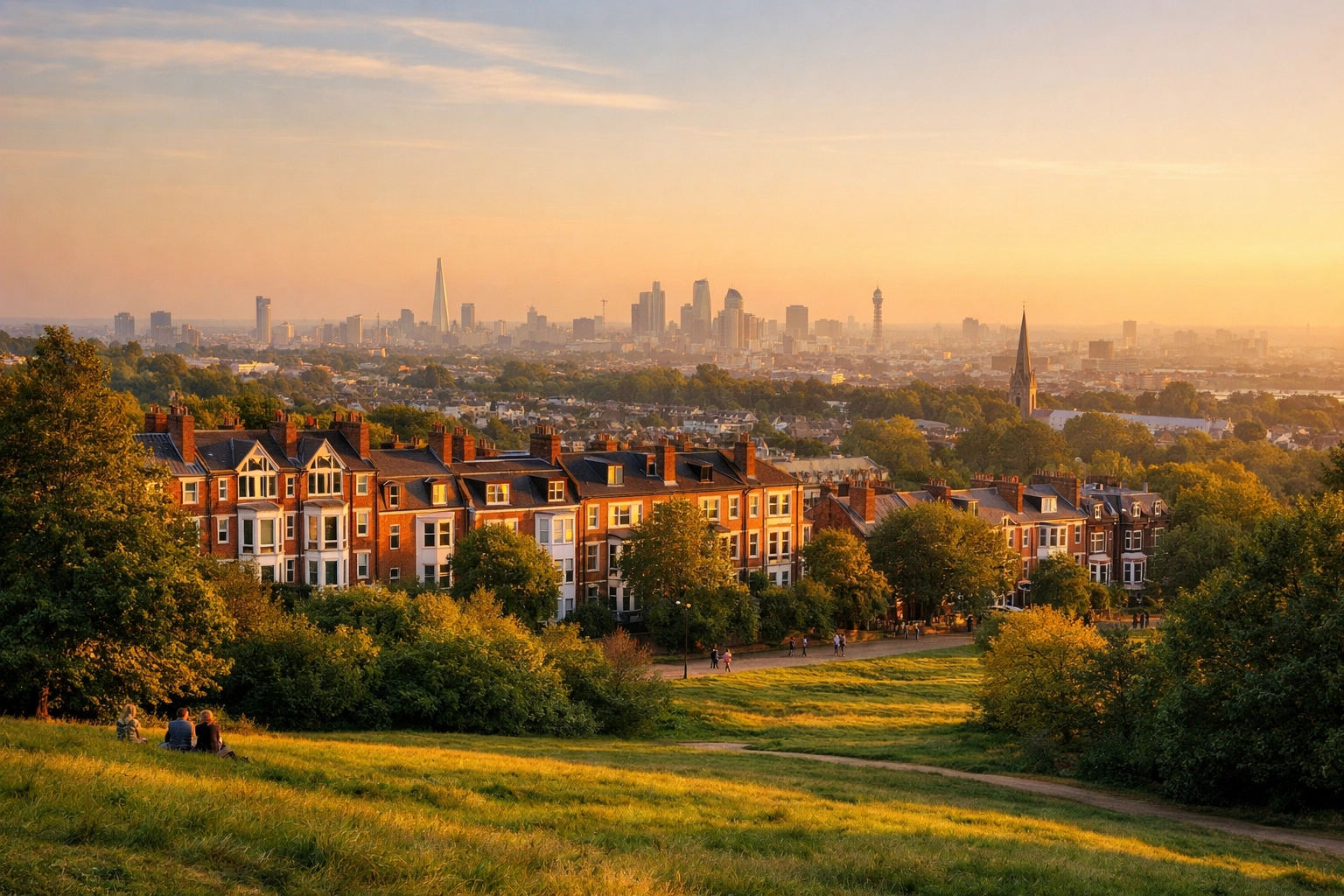 Parliament Hill view of period homes across Hampstead and Highgate
