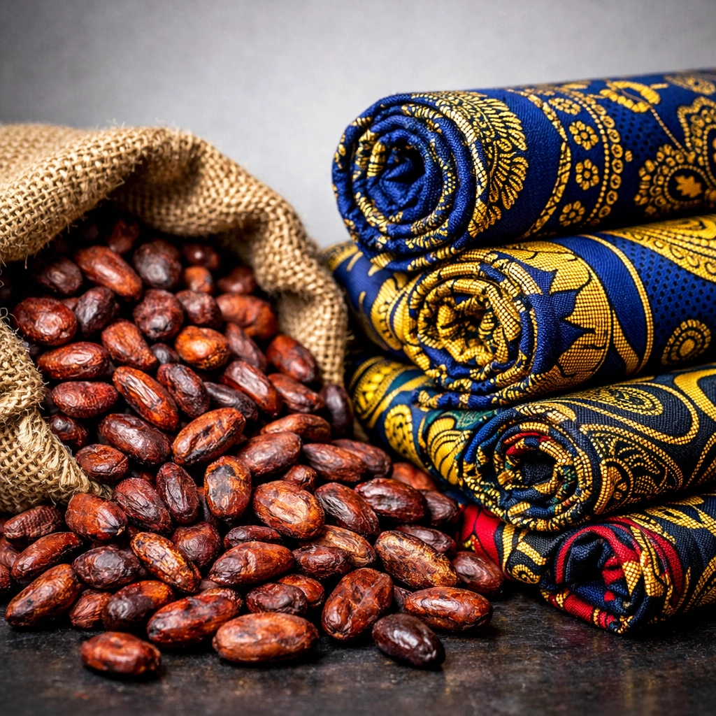 Premium Nigerian export products featuring raw cocoa beans and vibrant Ankara textiles.