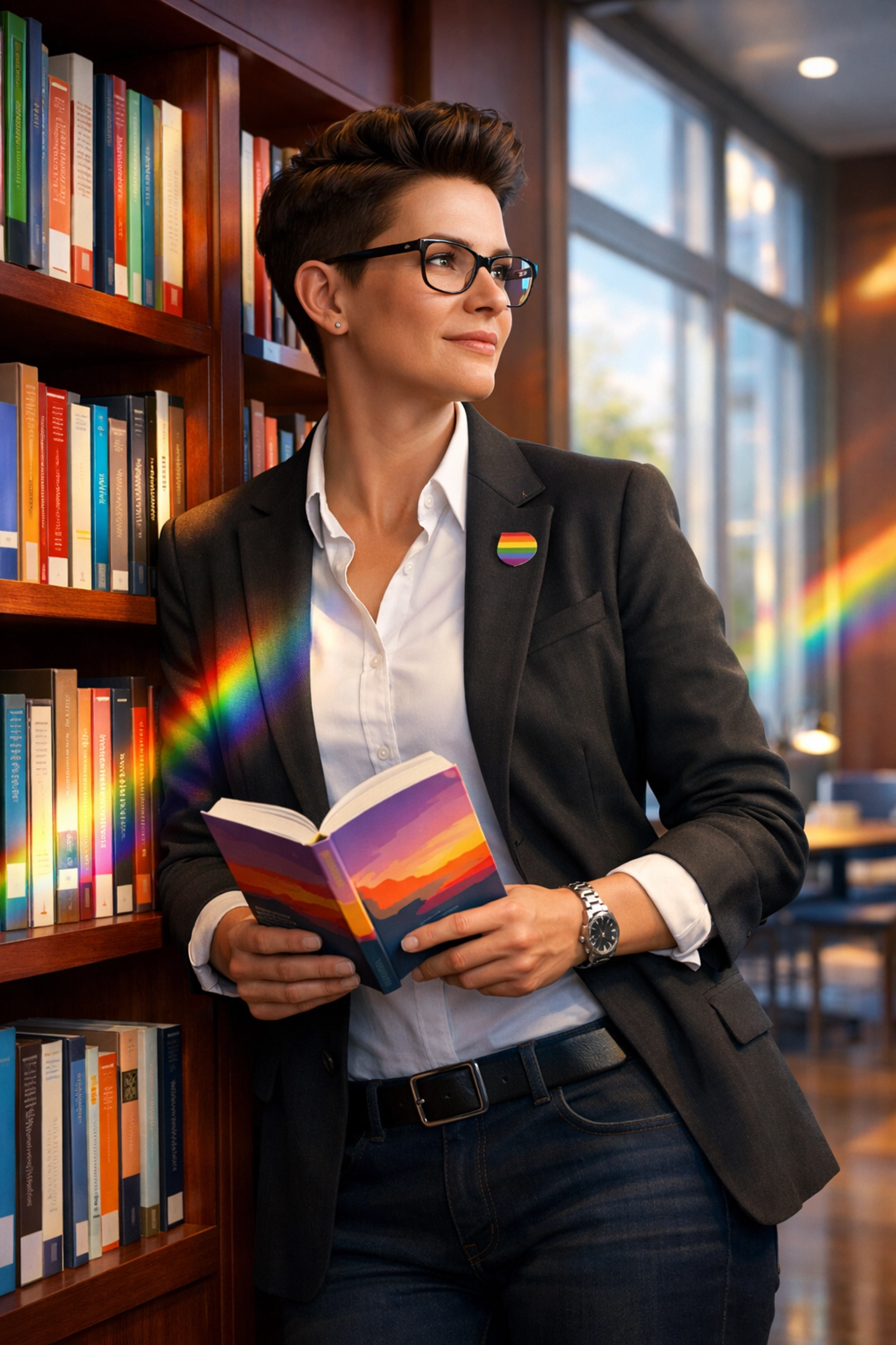 Lesbian professor in a university library, representing queer education and modern queer literature perspectives.