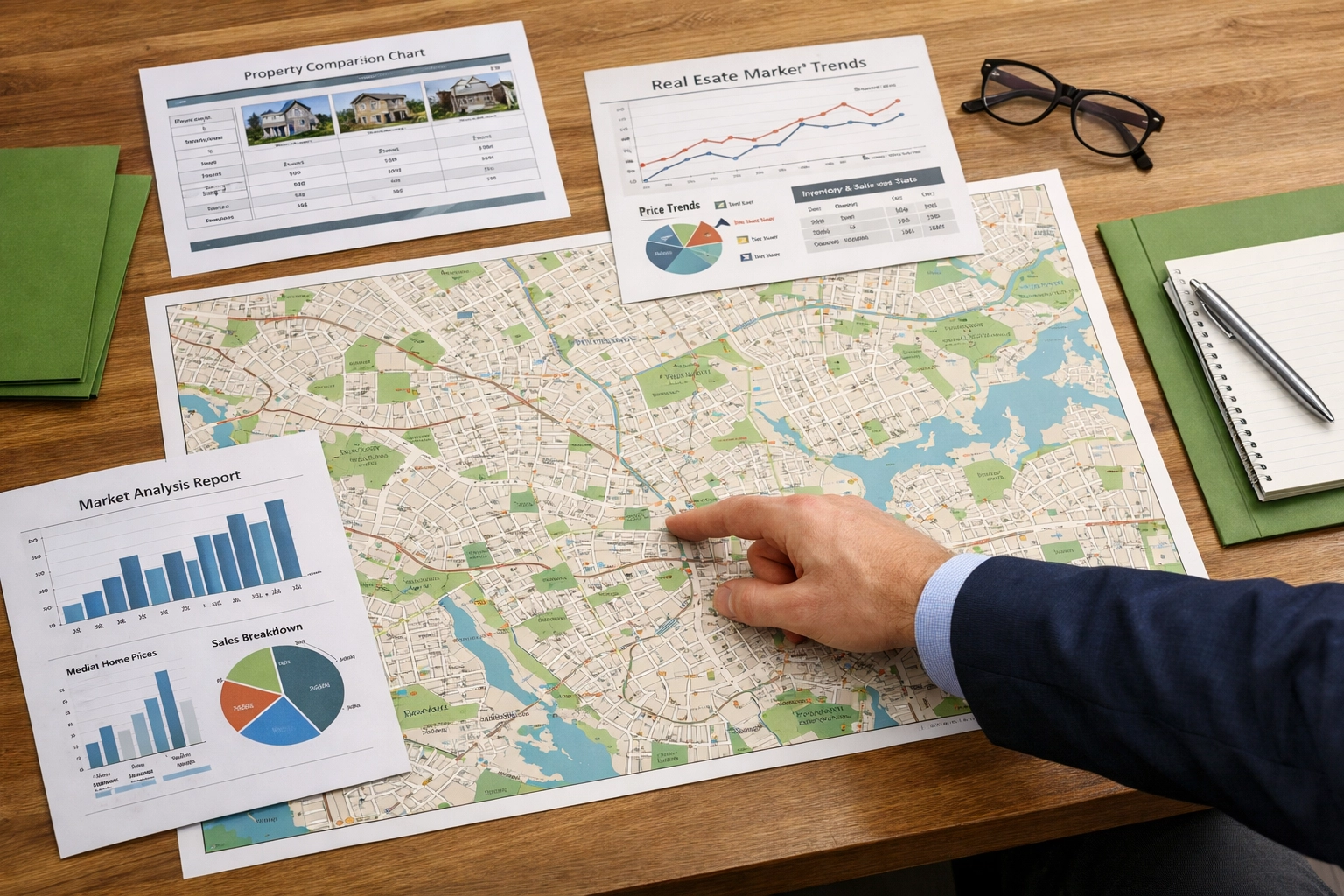 Buyers agent analyzing suburb maps and property market data with client