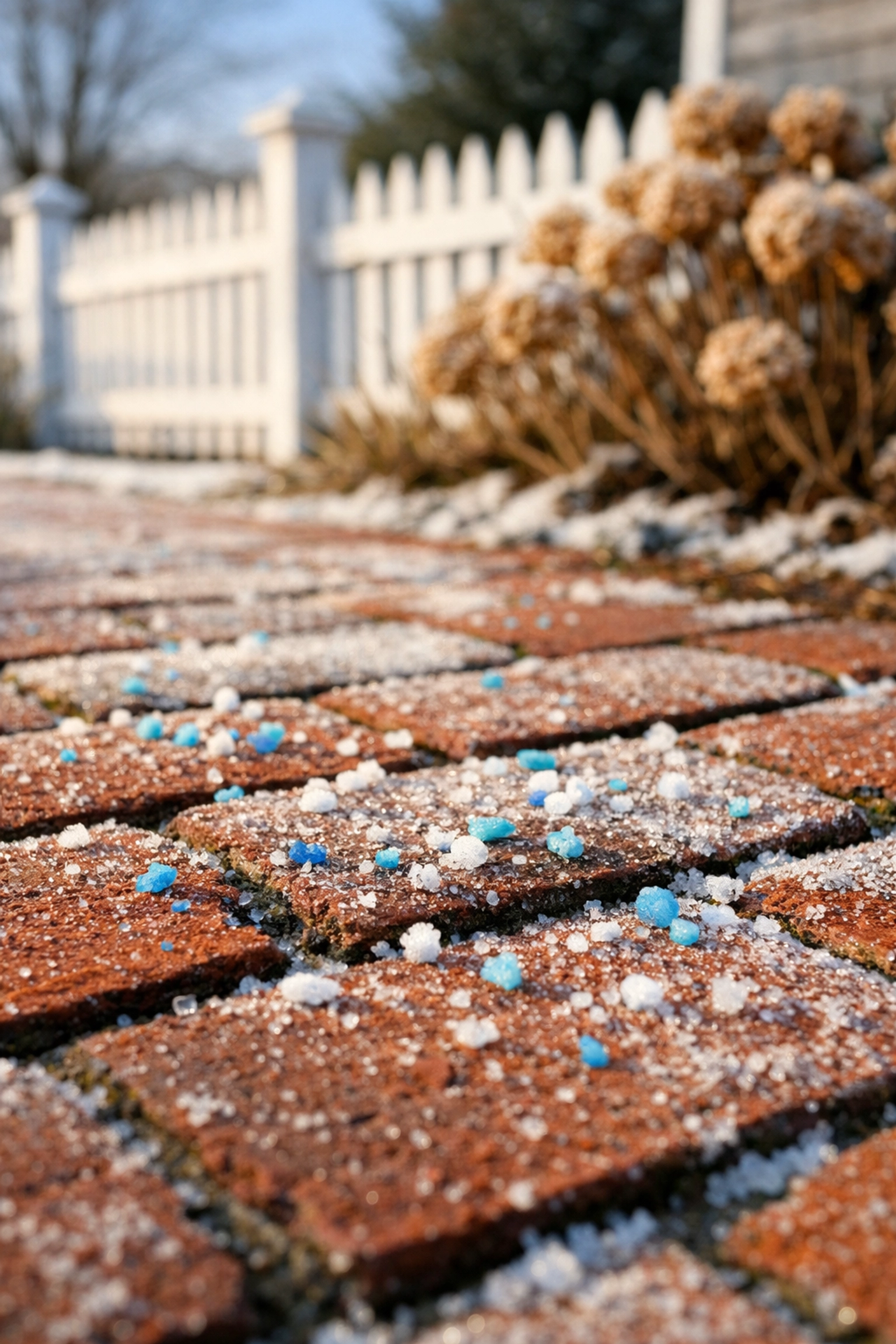 Frosted brick walkway with ice-melt crystals and a white picket fence, showing winter liability prevention.