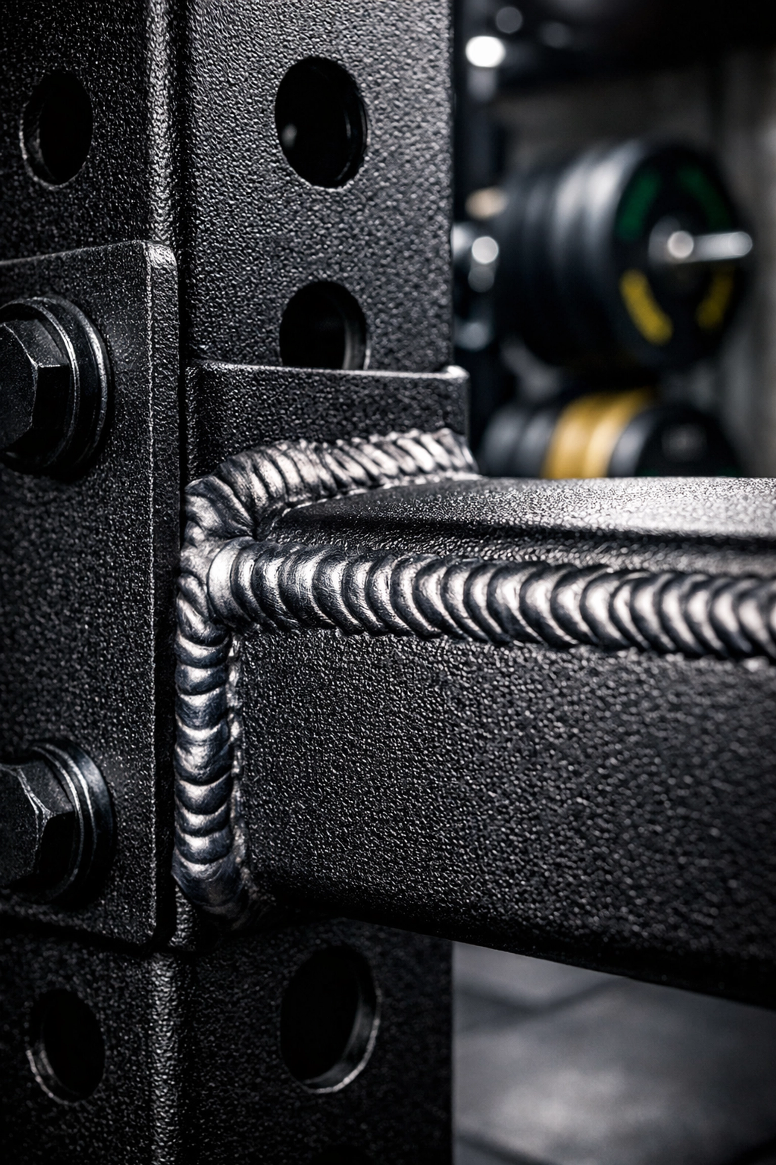 Industrial-strength steel frame detail on professional resistance training home gym equipment.