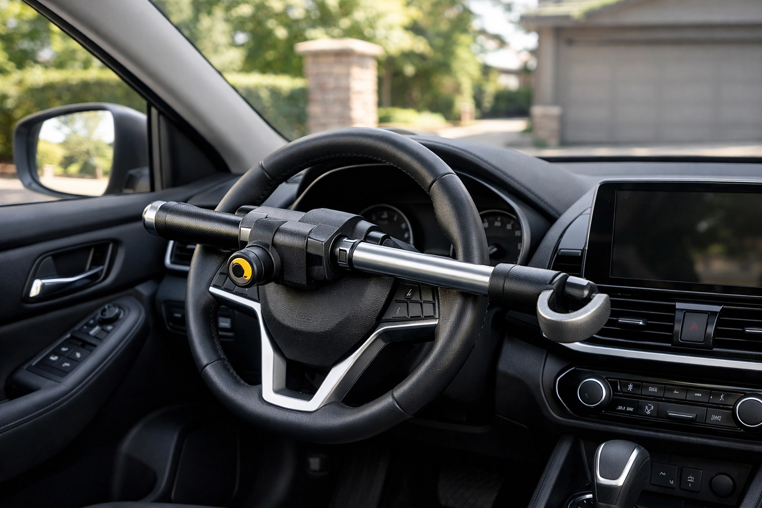 A security steering lock fitted to a modern car to help reduce motor insurance costs and improve vehicle safety.