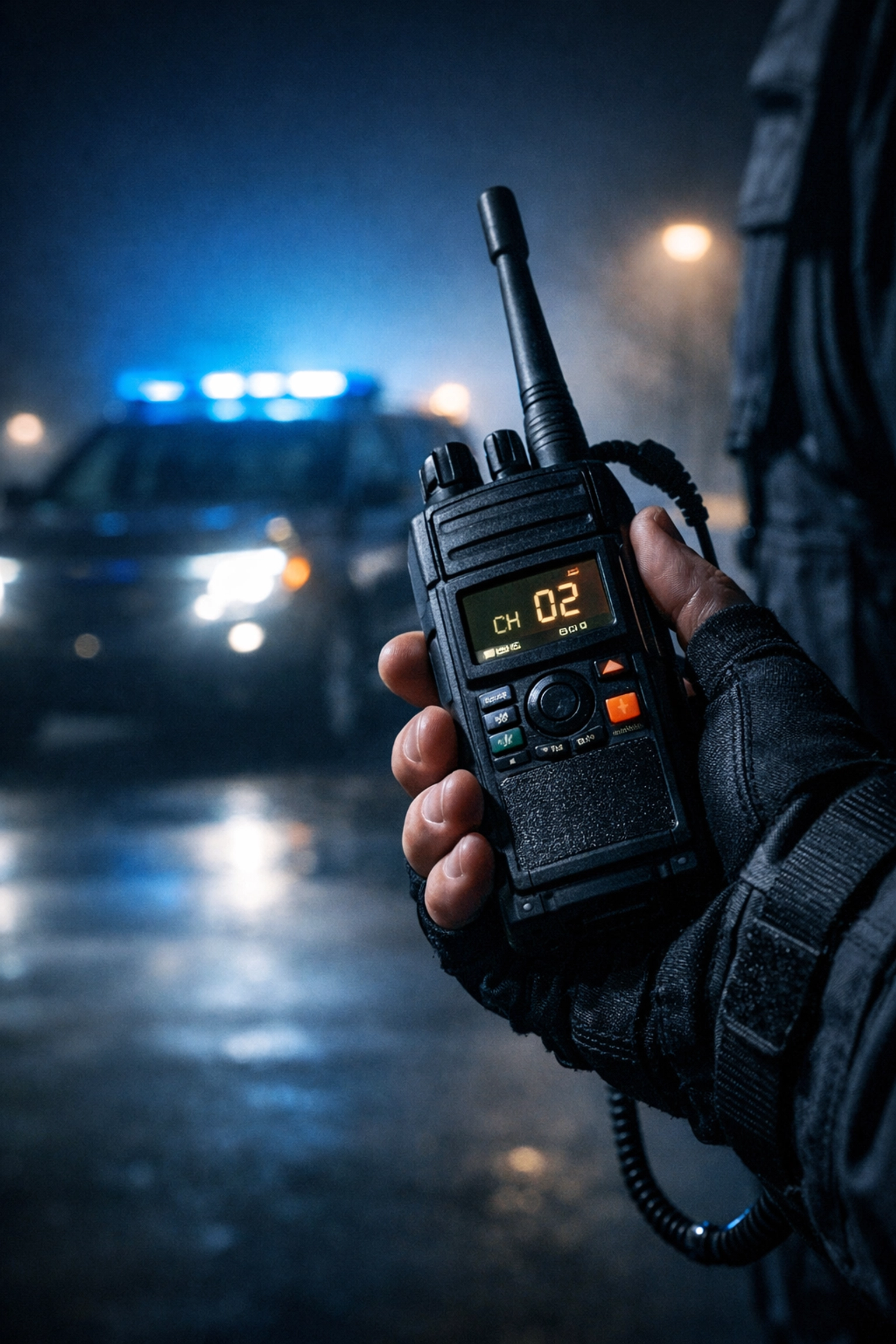 Security officer using a tactical radio for coordinated response near a patrol vehicle in Northern Virginia.