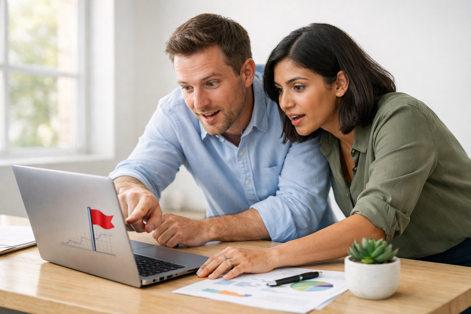 Two colleagues identify financial red flags on a laptop, showing the value of professional bookkeeping.