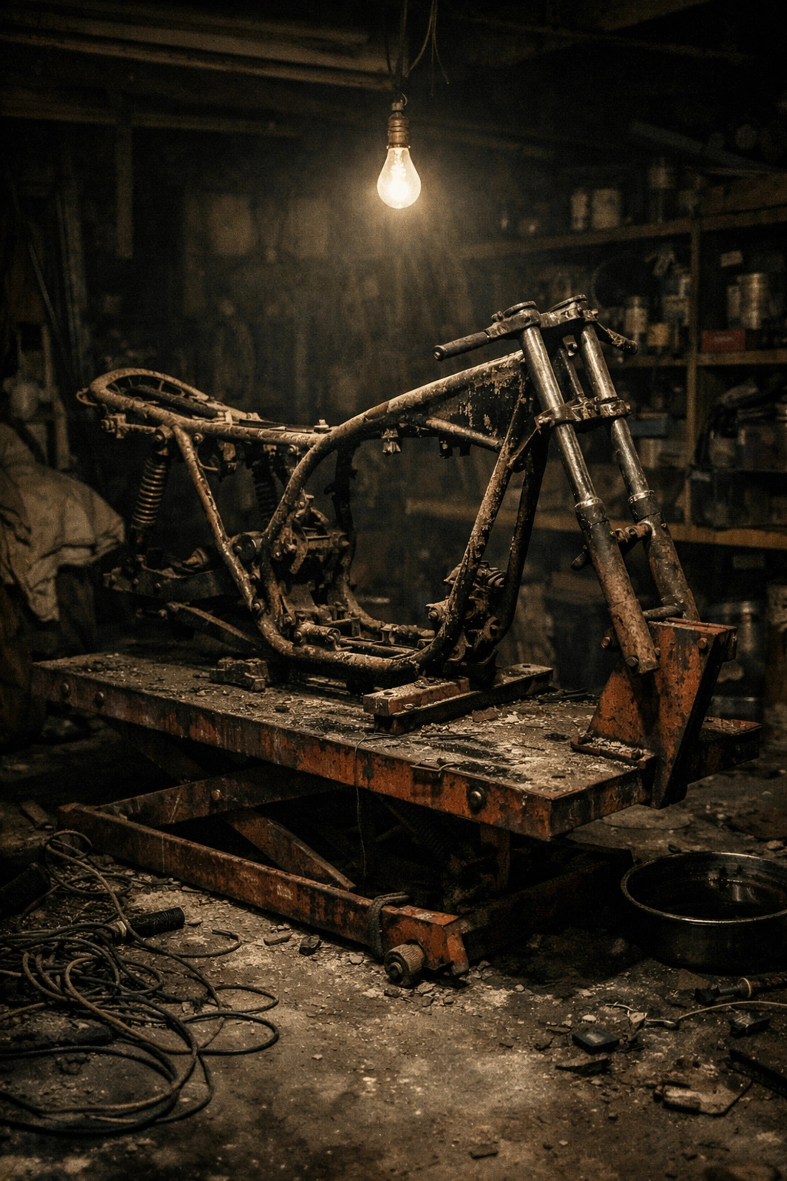 Dusty, non-running motorcycle project in a garage, a perfect candidate to sell my motorcycle for cash.