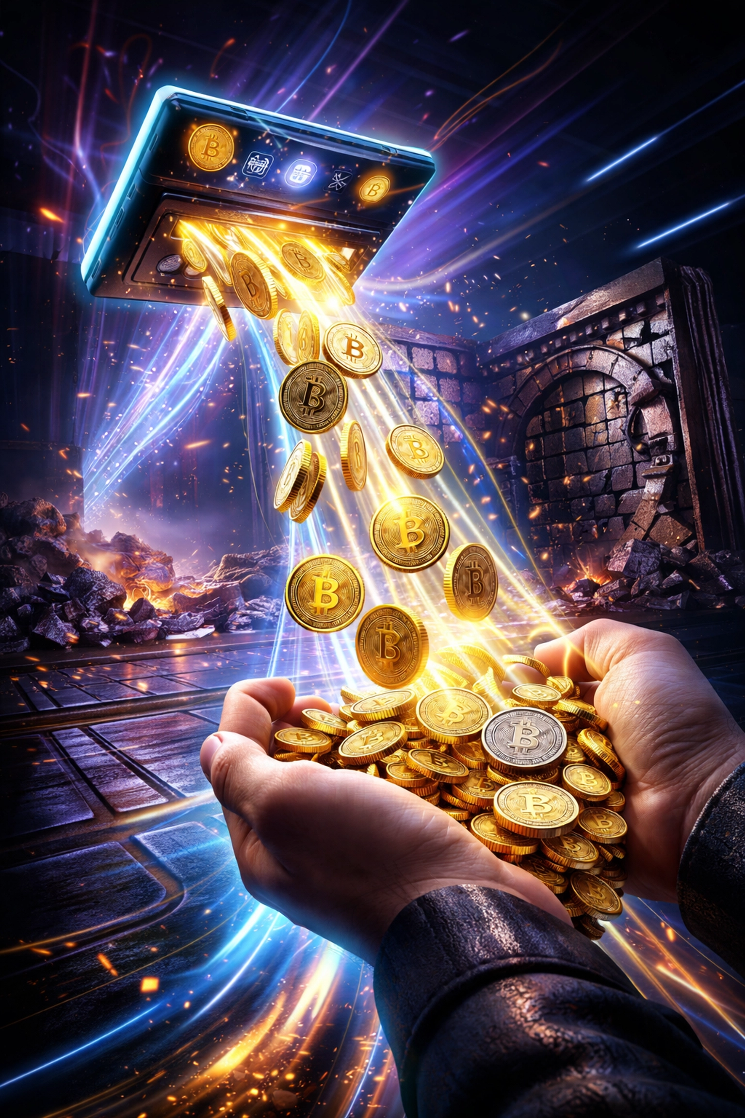 Cryptocurrency payments moving directly from a digital wallet to a merchant, symbolizing self-custody and lower fees for merchants.