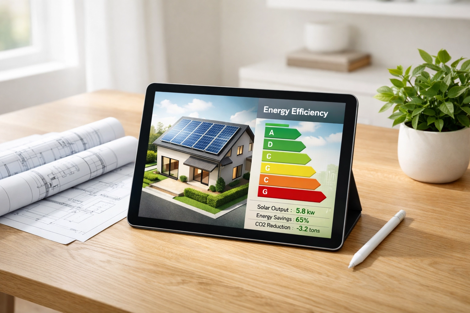 Solar energy performance charts and monitoring app displayed on a digital tablet for a Hampshire home.