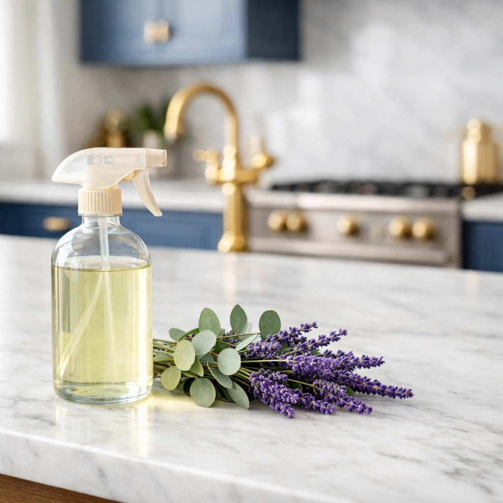 Eco-friendly residential cleaning Massachusetts using green products on a marble kitchen island.