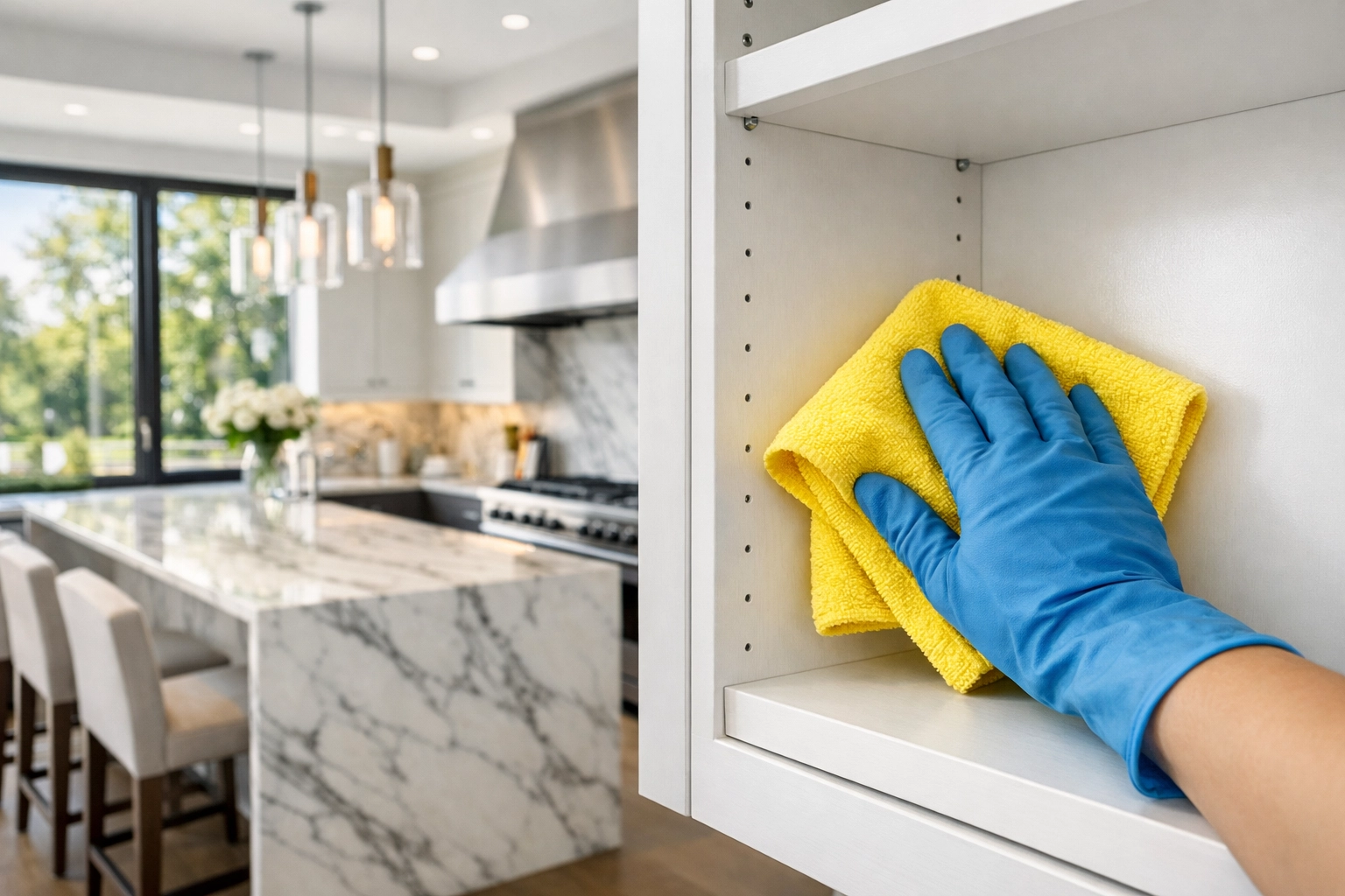 Professional post-construction cleaning MA in a luxury kitchen removing fine dust from cabinets.