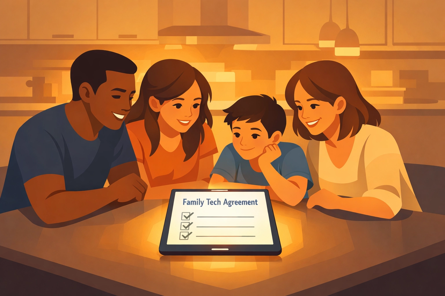 Christian family creating digital safety tech agreement together at kitchen table