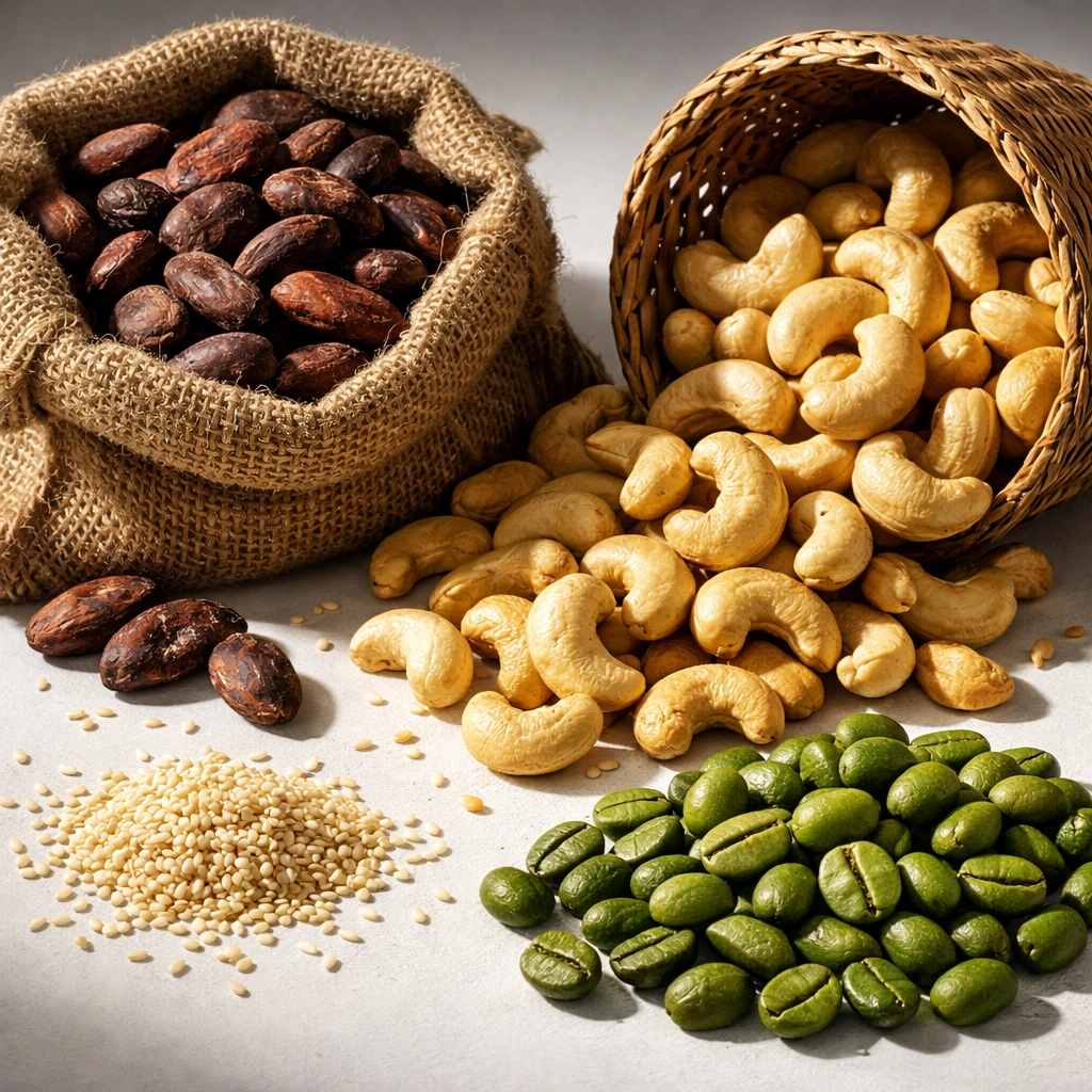 Nigerian export products including cocoa beans, cashew nuts, and coffee ready for UK import