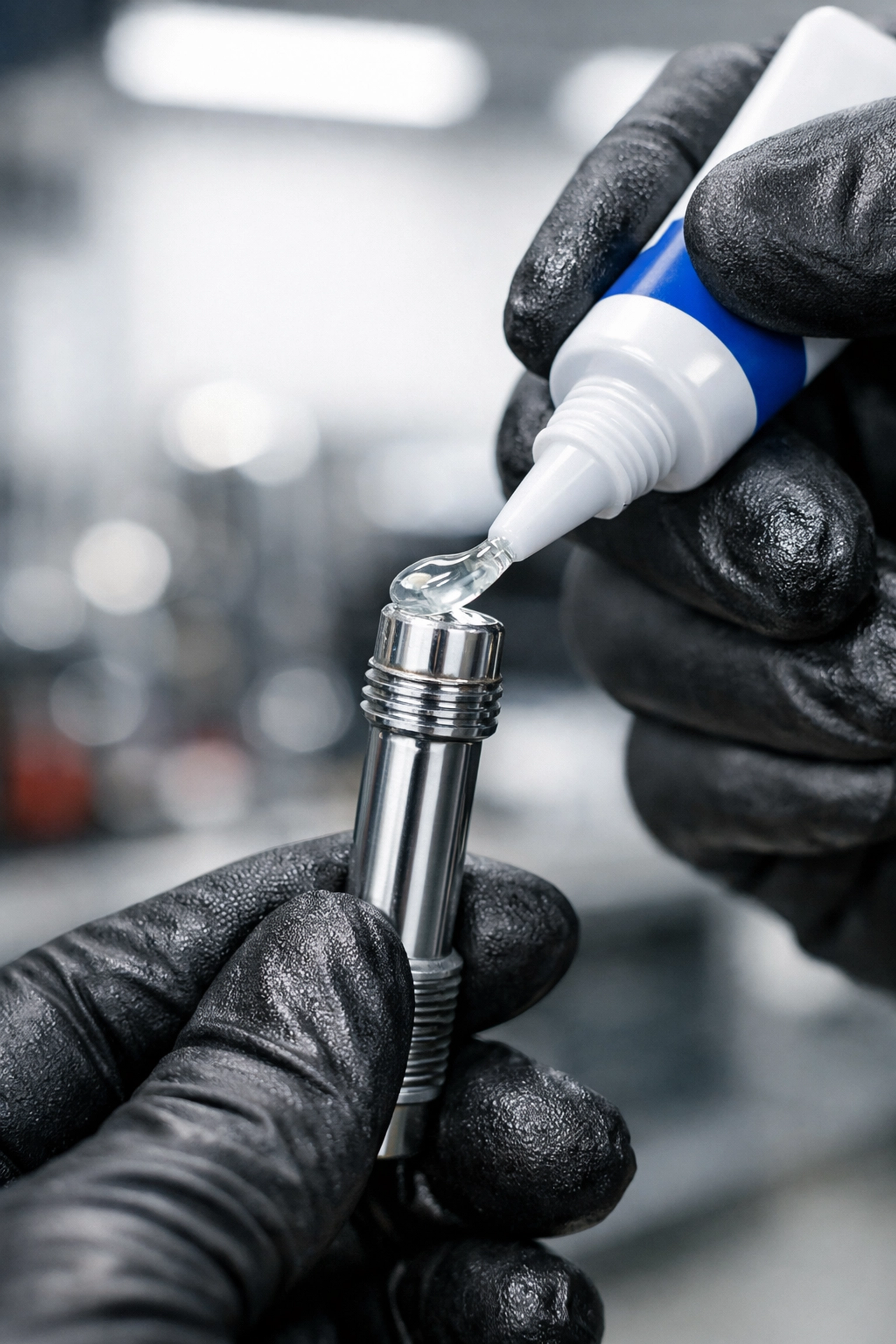 Mechanic applying high-temperature grease to brake guide pins during a routine brake service.