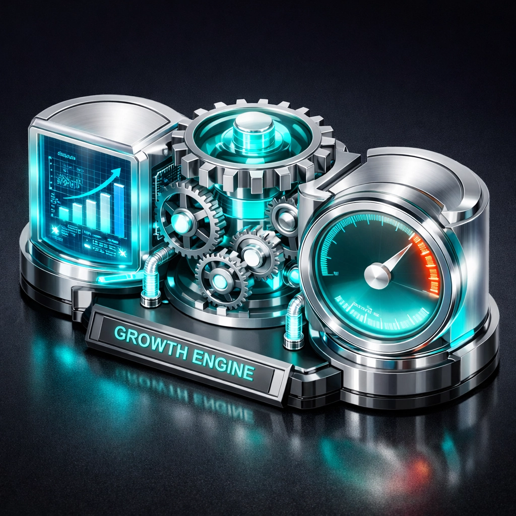 Glowing mechanical engine with gears and gauges representing a streamlined business measurement and growth system.