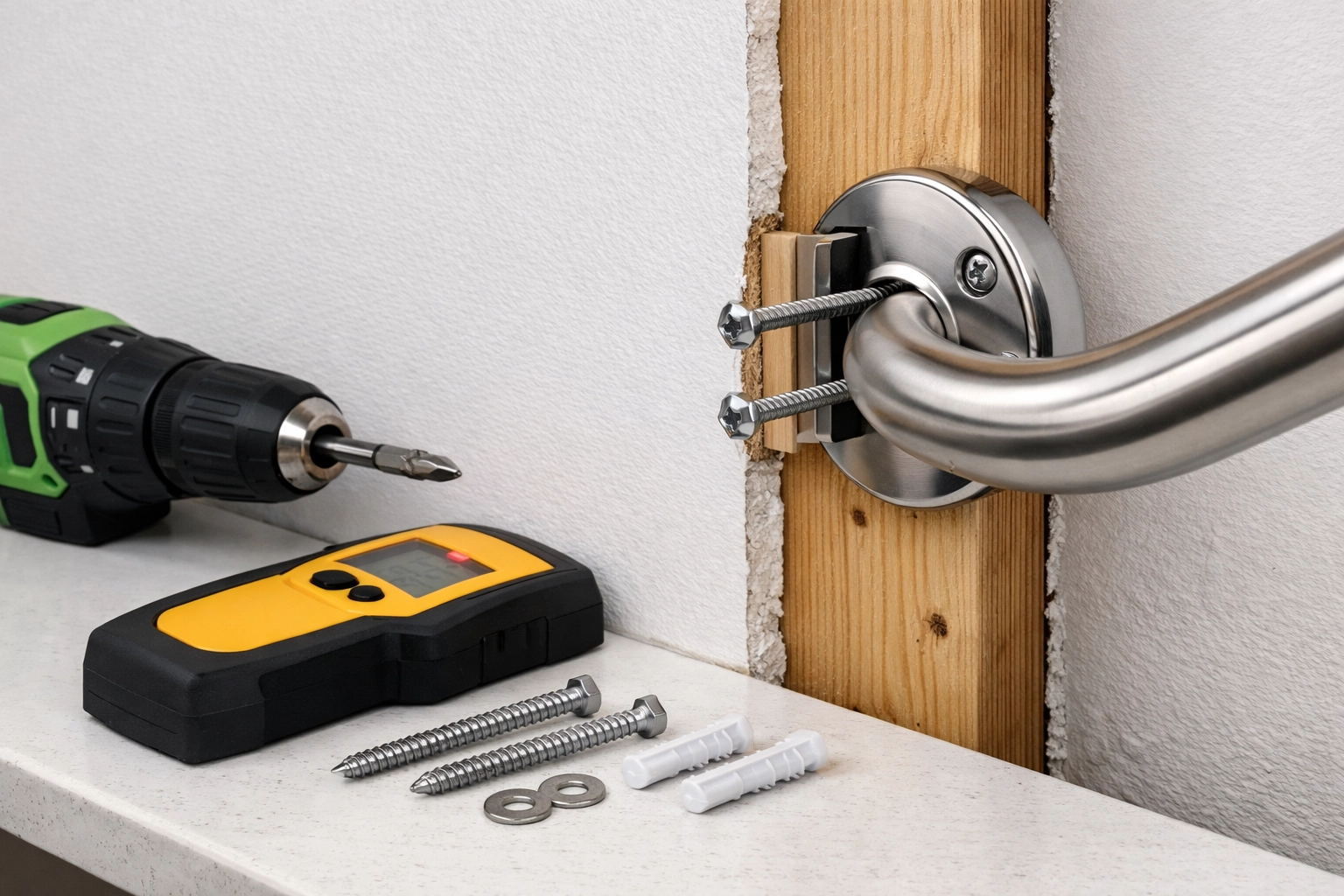 Bathroom safety rail installation showing wall stud anchoring with mounting hardware and drill