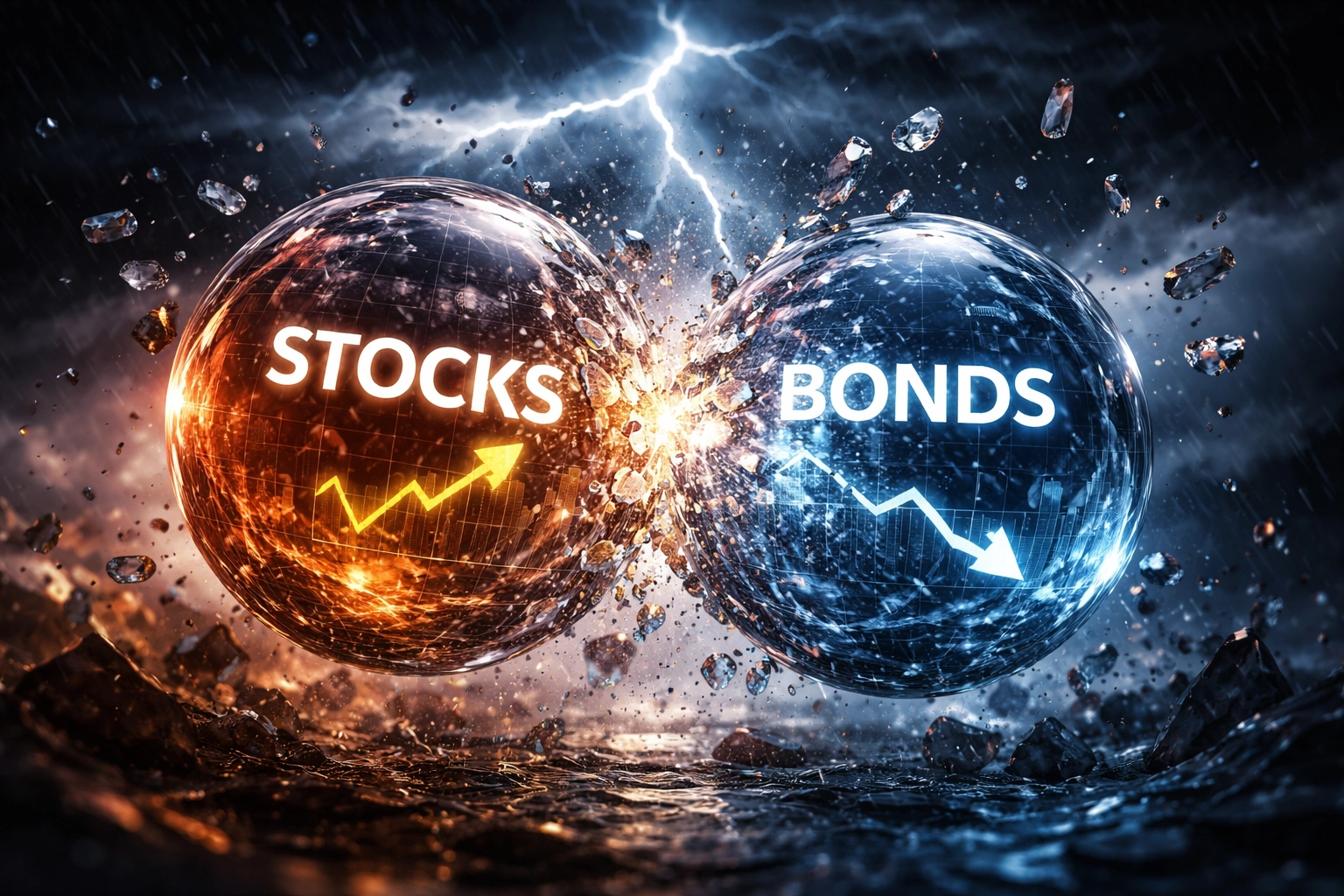 Shattering stock and bond symbols amid a storm, illustrating market stress and 60/40 portfolio vulnerabilities.