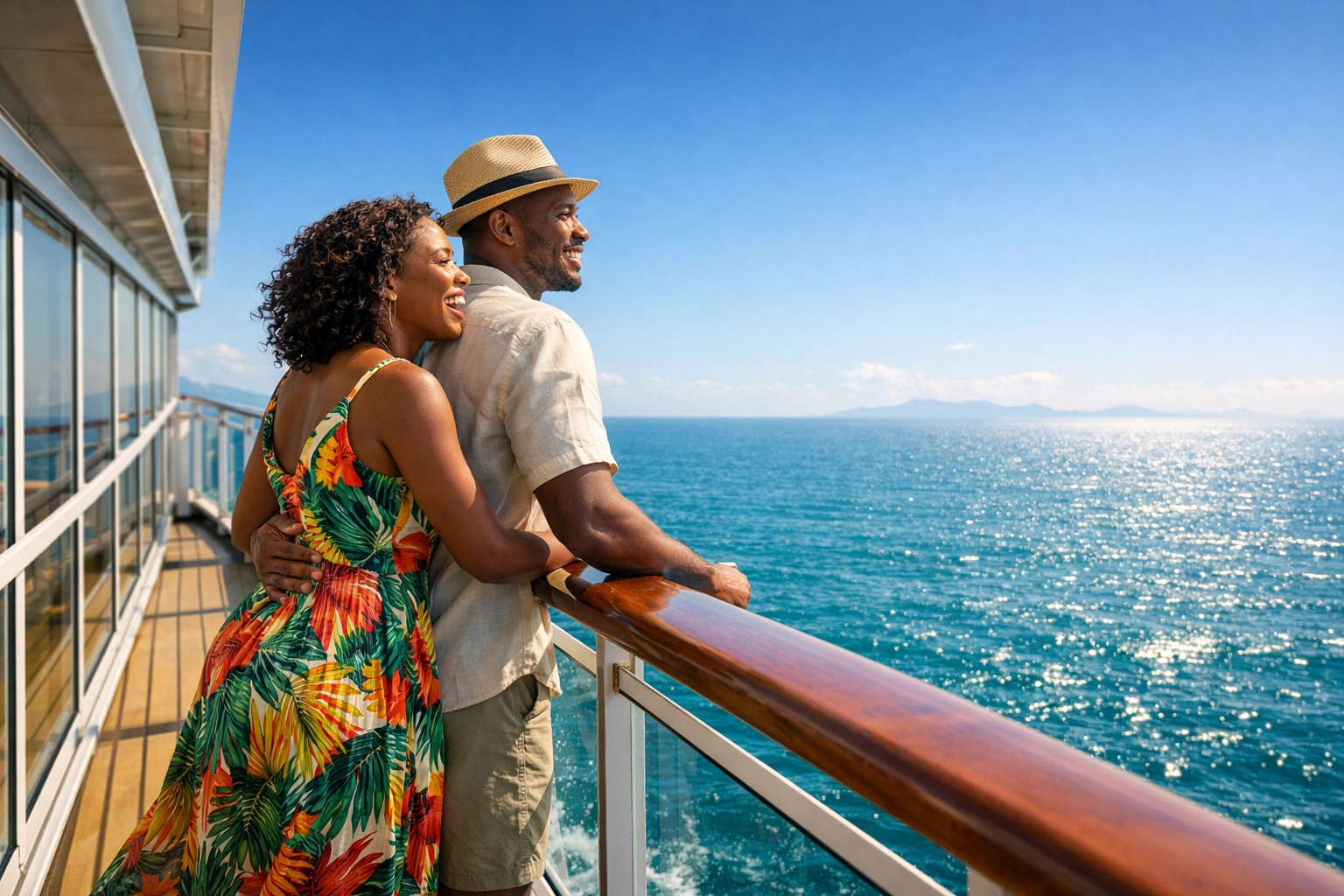 A happy couple enjoying the ocean view from a luxury cruise balcony after booking with an expert.