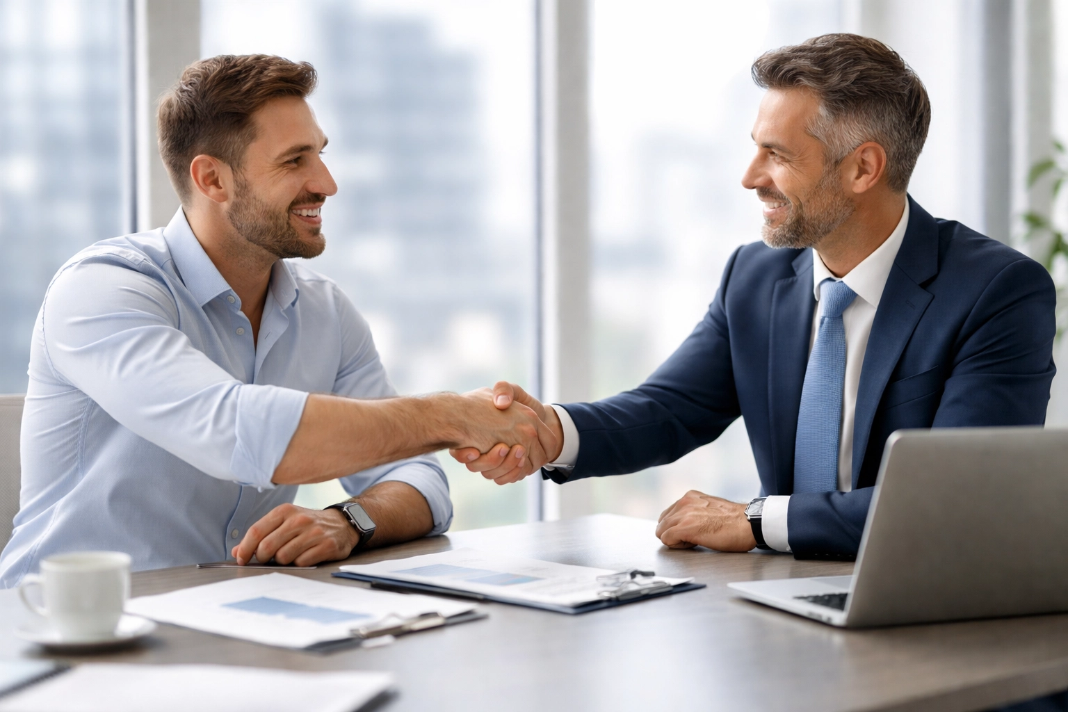 Business owner shaking hands with financial advisor in modern office symbolizing successful outsourcing partnership.