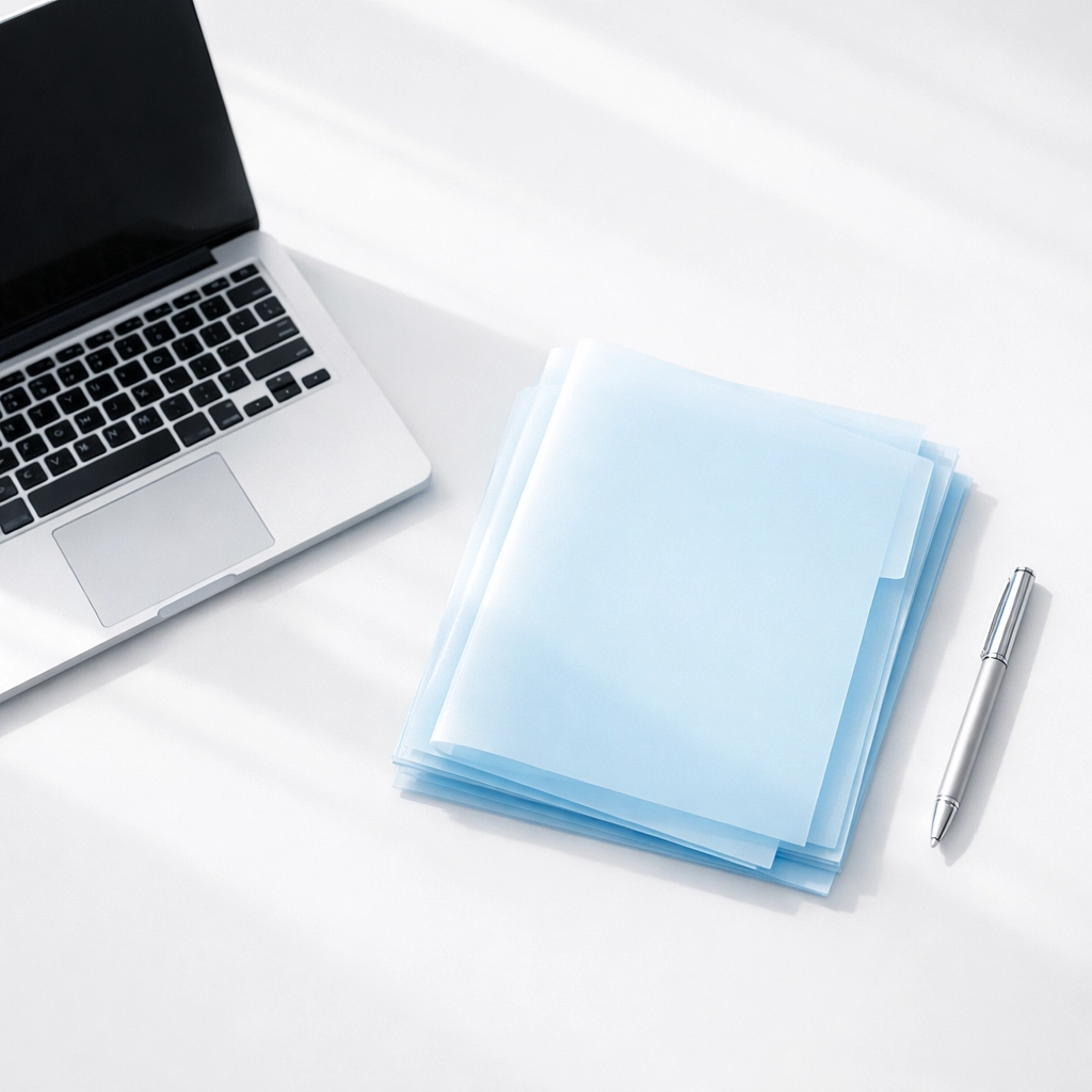 Organized Austin MN office desk with blue folders for bookkeeping document preparation.