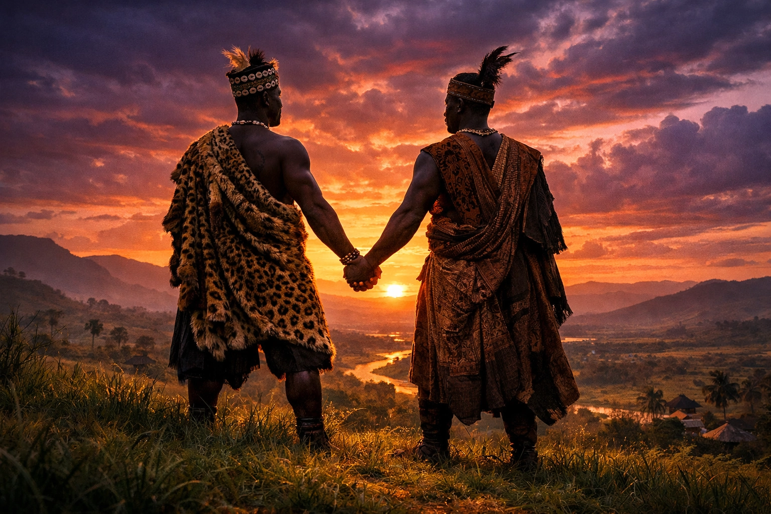 Bugandan men in royal attire holding hands, symbolizing pre-colonial African queer history and royal romance.