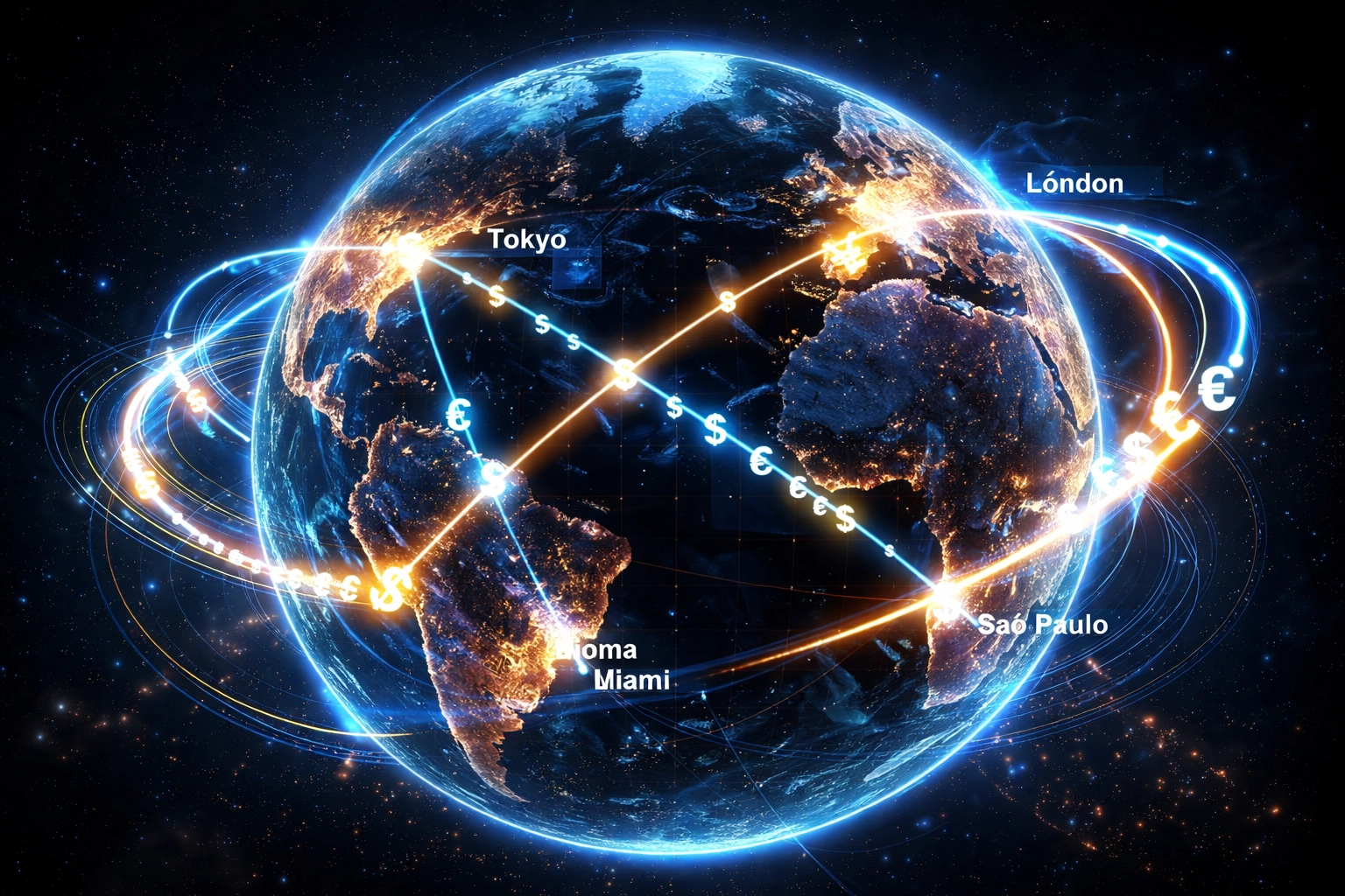 Digital globe with neon payment streams linking global cities, illustrating instant LUSD Web3 cross-border payments.