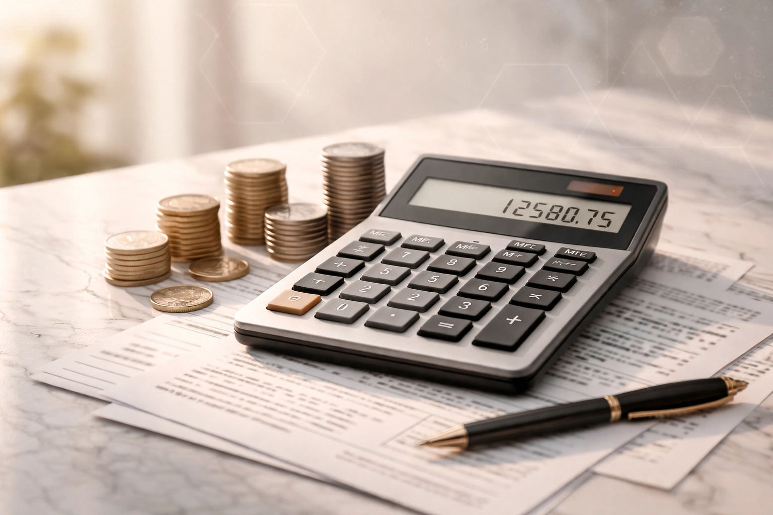Financial calculator, coins, and tax forms representing accurate RMD tax withholding strategies