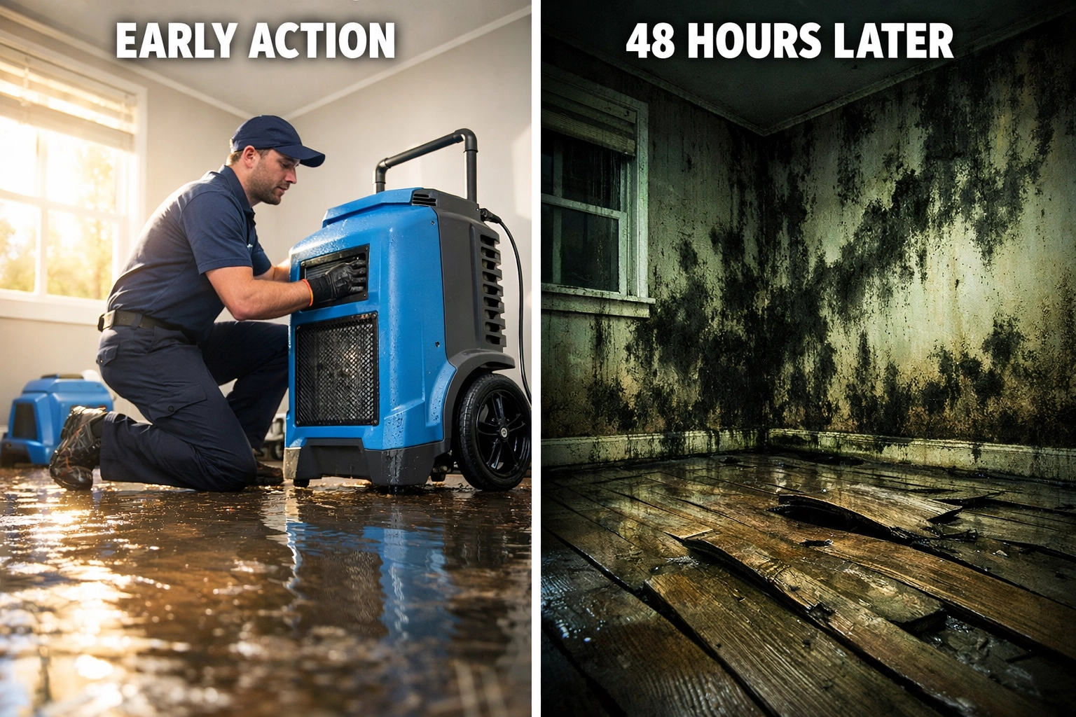 Water damage comparison showing immediate response vs 48-hour delay with visible mold growth
