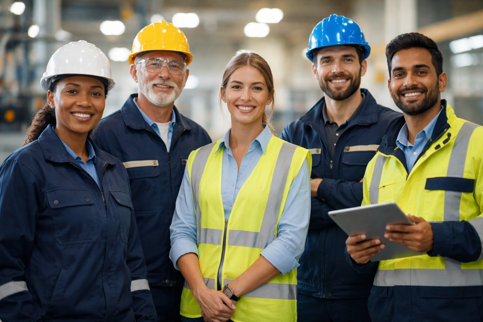 Diverse industrial workers in safety gear collaborate in a modern facility, exemplifying flexible operations with configurable EHS solutions.