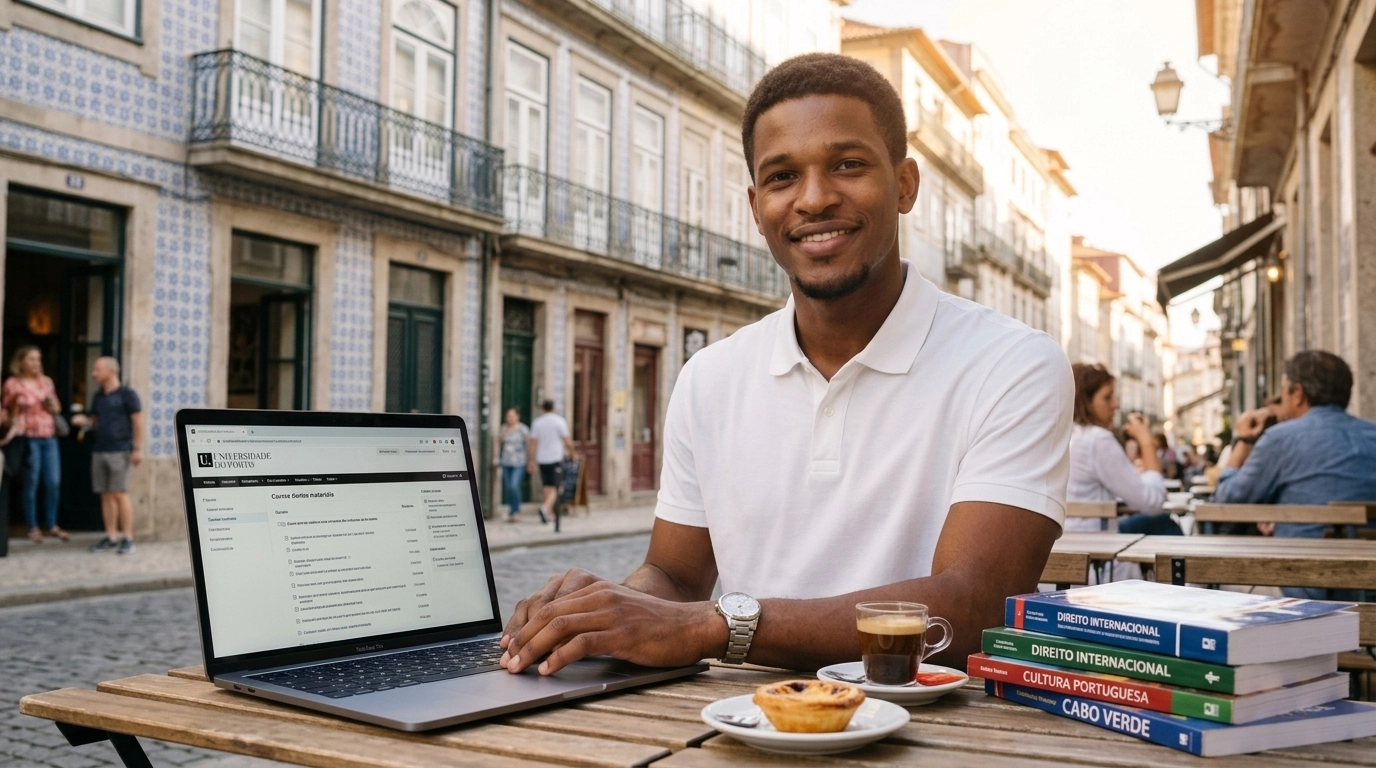 Hero Image: Estudante cabo-verdiano conciliando estudos e trabalho em Portugal