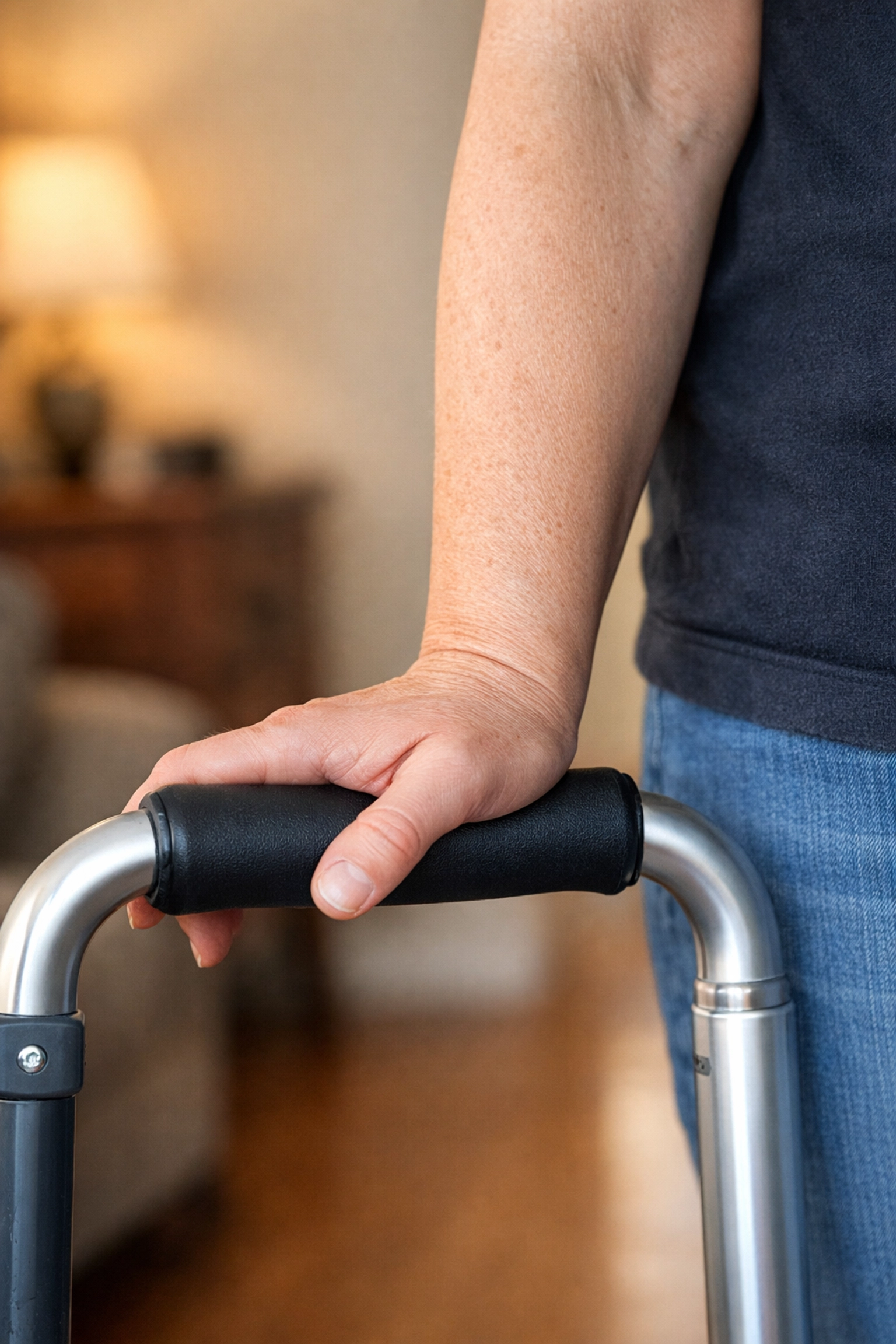 Correct walker height adjustment showing handle alignment with the user's wrist crease for safety.